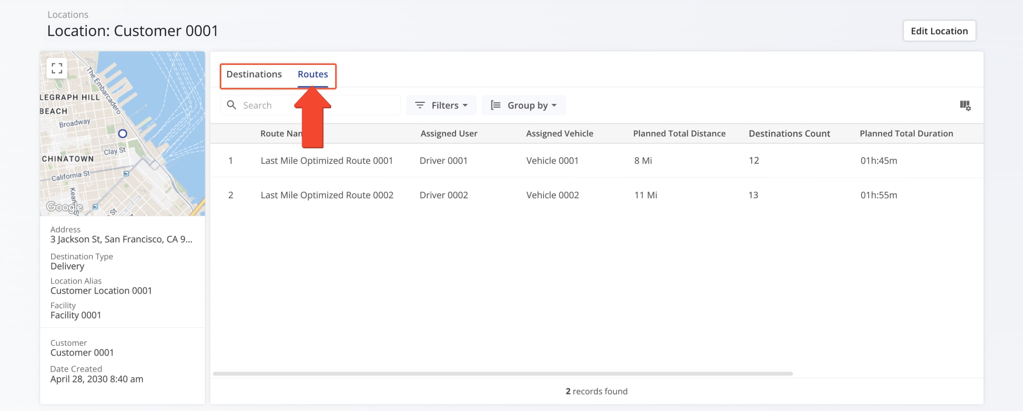 The Snapshot includes two data tabs, Visits and Routes, for viewing key location activity.