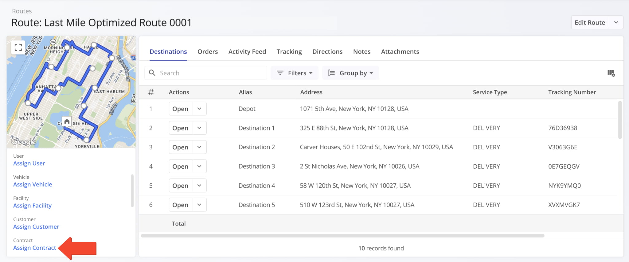 A new Assign Contract button was added to the summary panel on the left in open Route Snapshots.