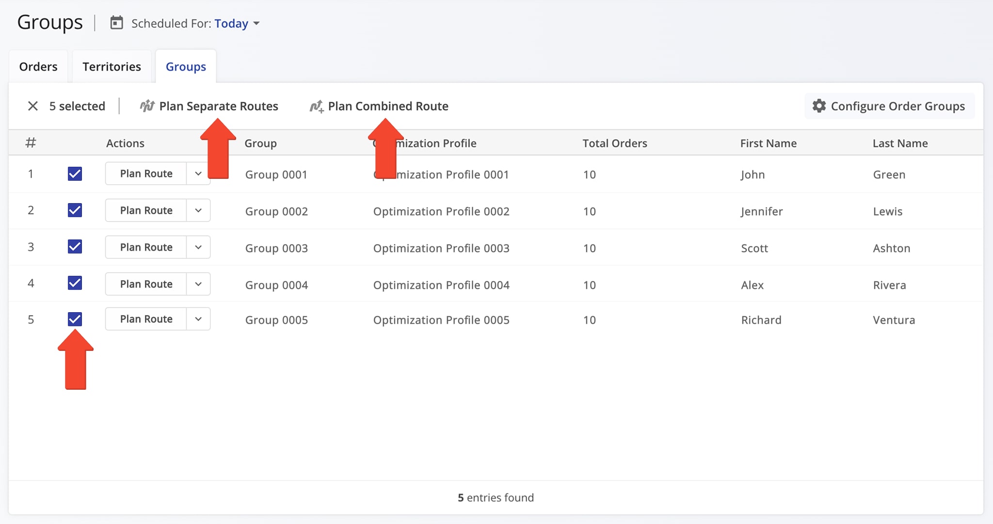 You can plan Order Groups routes as combined routes, which will plan a single route combining the orders of all selected groups or separate routes, which will plan and optimize one route per group, without combining groups.