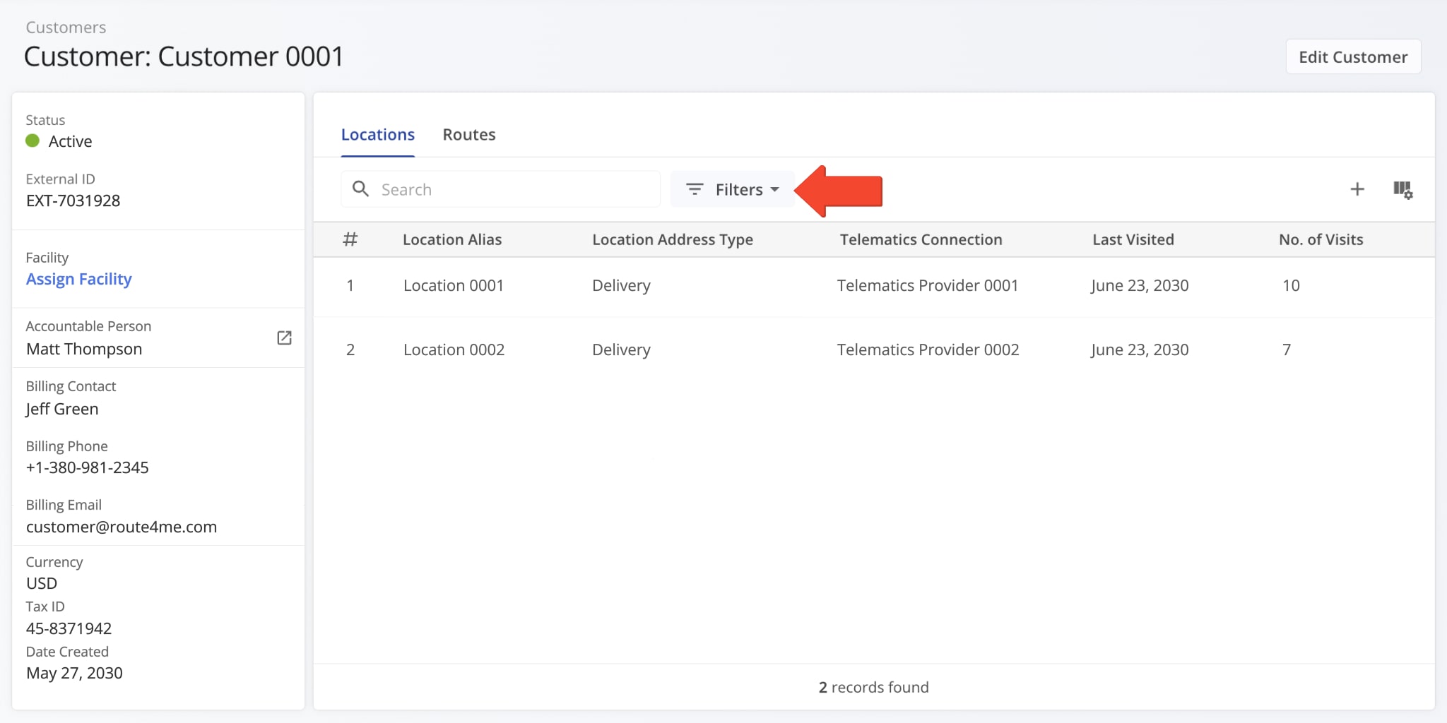Use filters in the Locations or Routes tab to quickly find the relevant data.