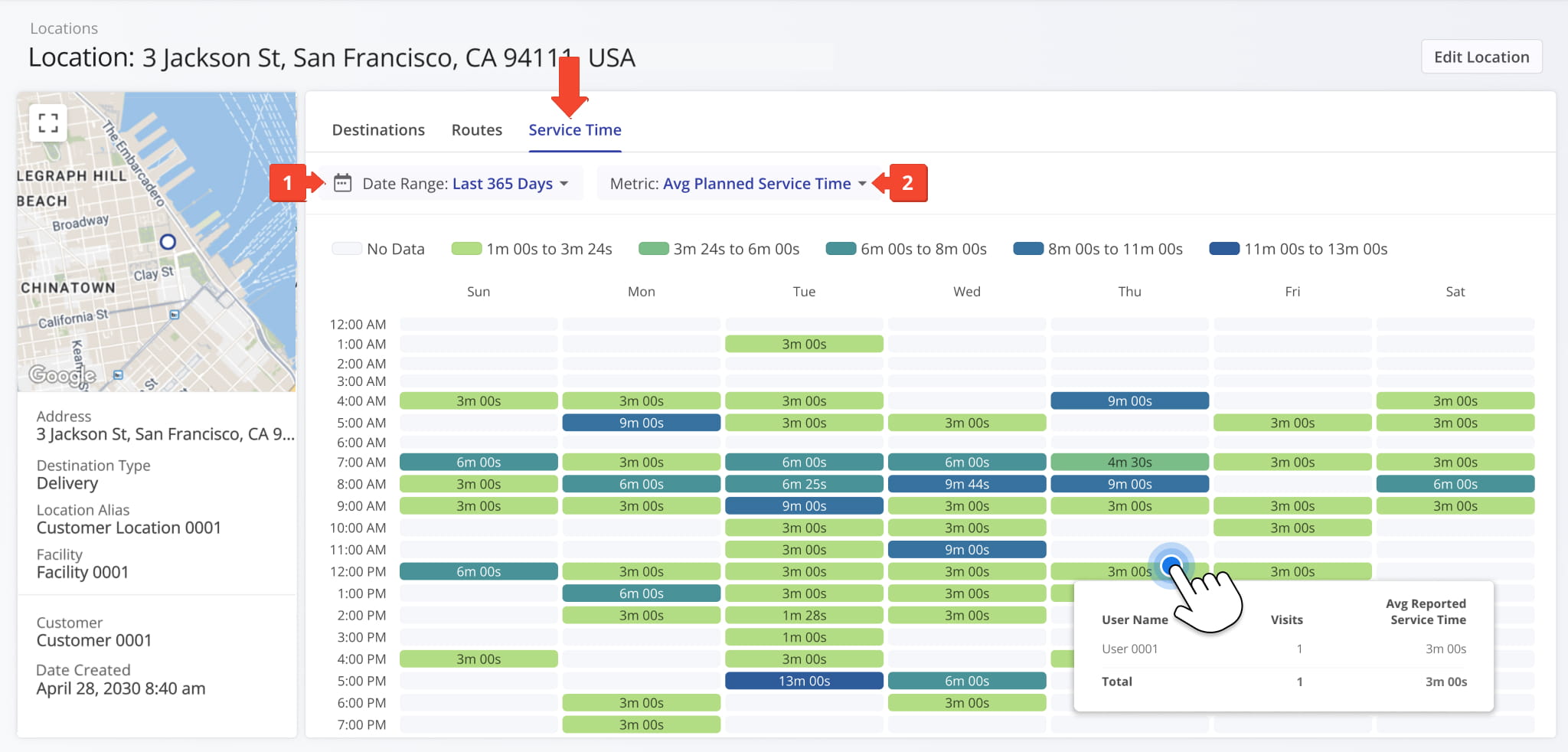 The Service Time tab breaks down planned, reported, and detected service times to spot trends and performance gaps.