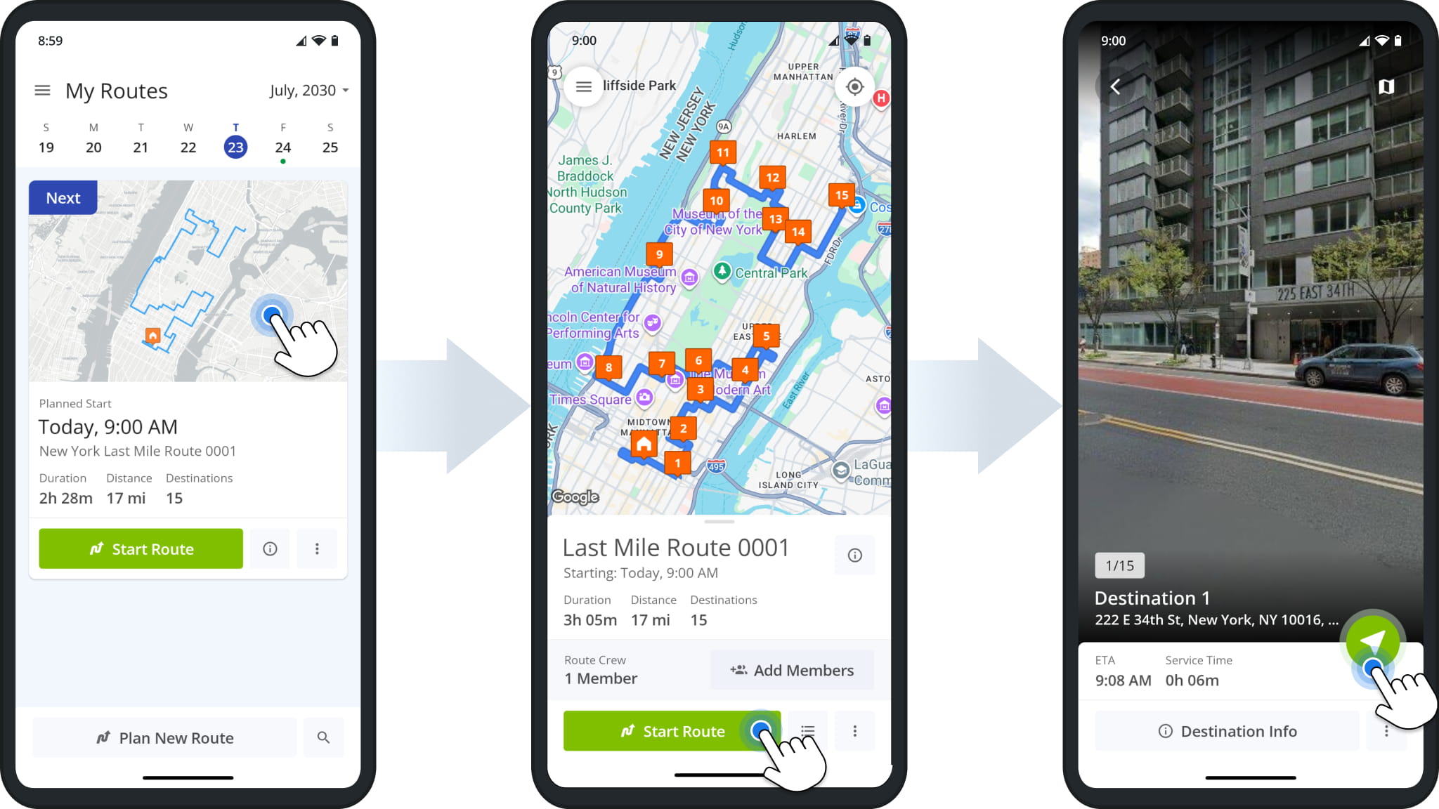Drivers can access and begin navigating any route assigned to them via the driver mobile app.