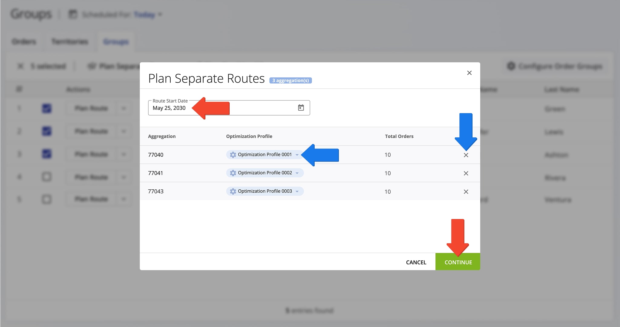 Scheduling separate routes for planning and optimizing one or multiple routes with orders within each selected group.