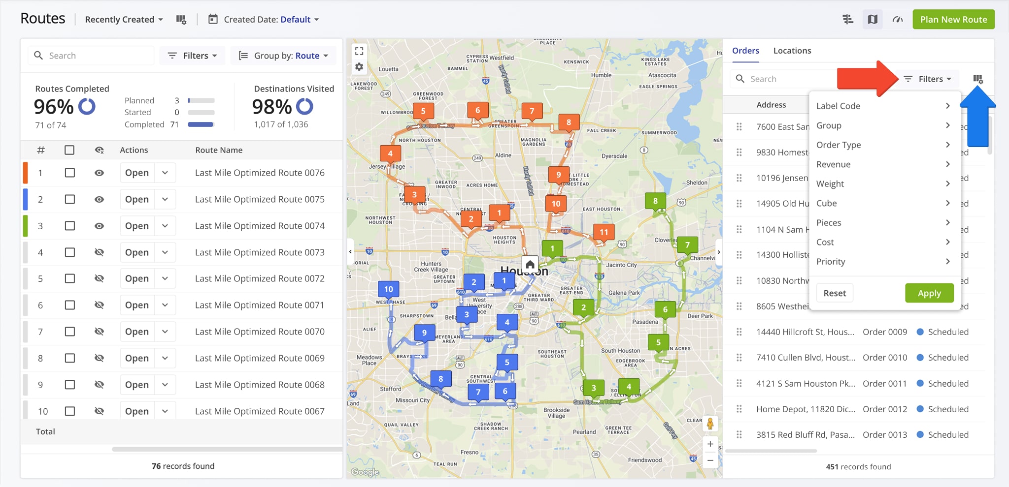Each tab supports specific filtering and data column customization options that correspond to those available for Orders and Locations respectively.