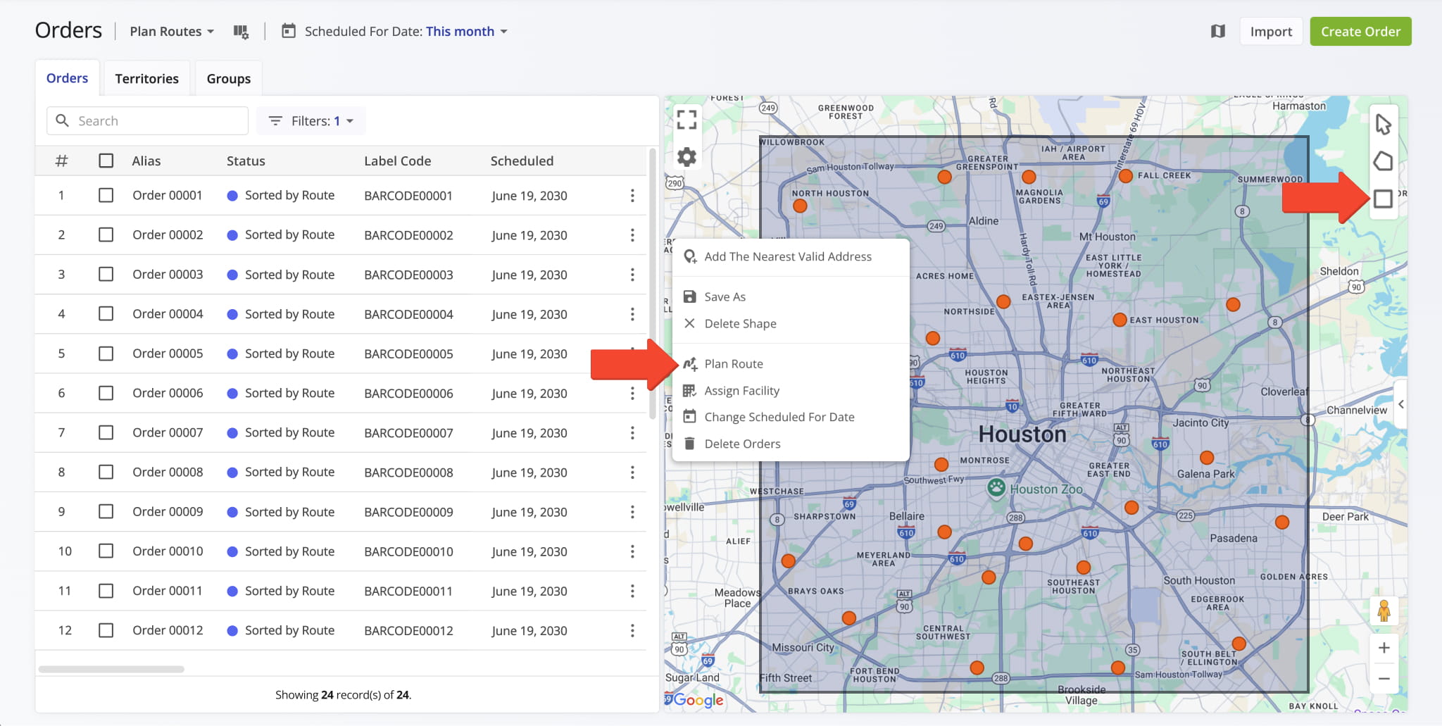 Easily plan routes with orders by drawing a shape around the preferred orders on the Orders Map and seamlessly planning a route.