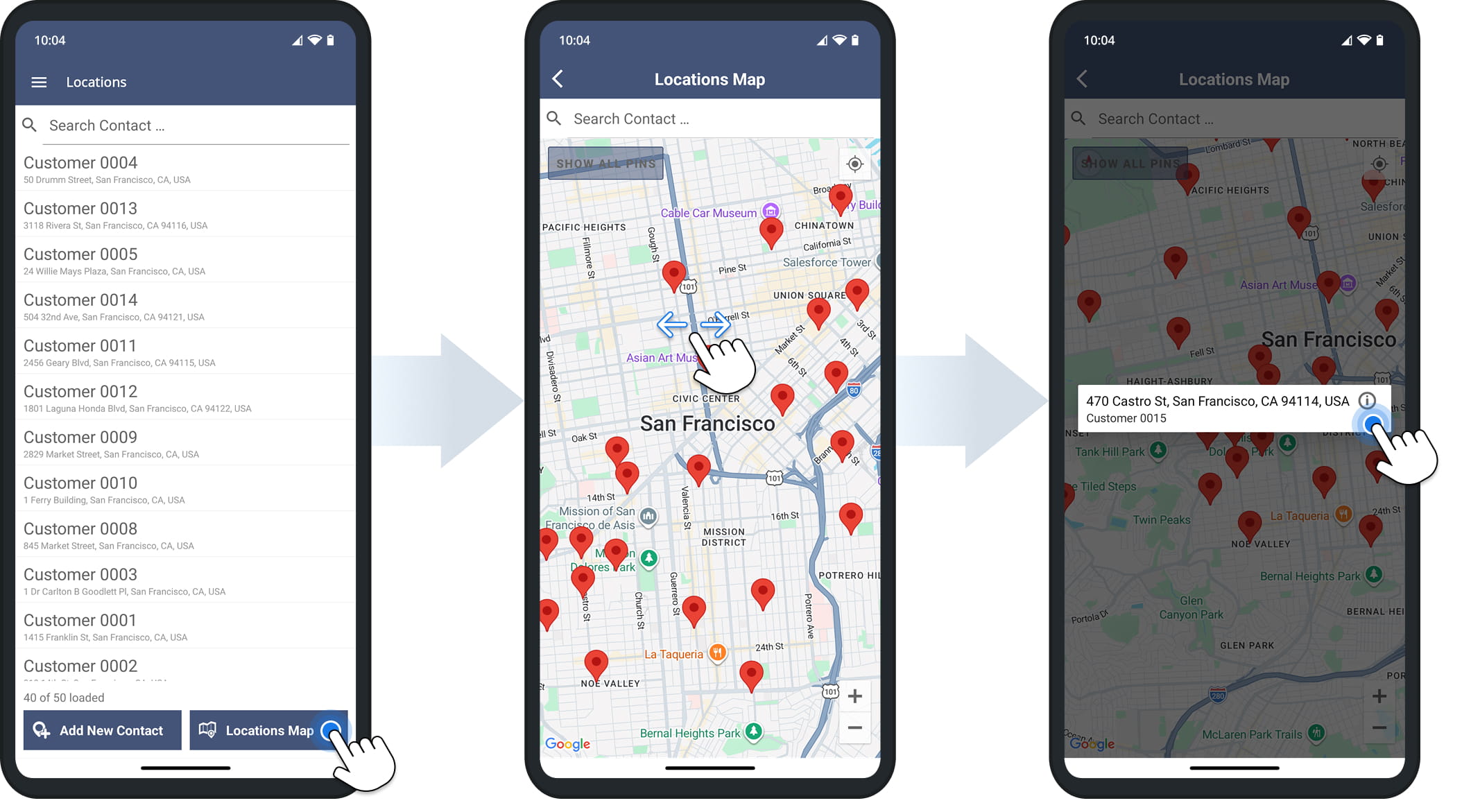 Tap the map icon to view all addresses on a detailed map.
