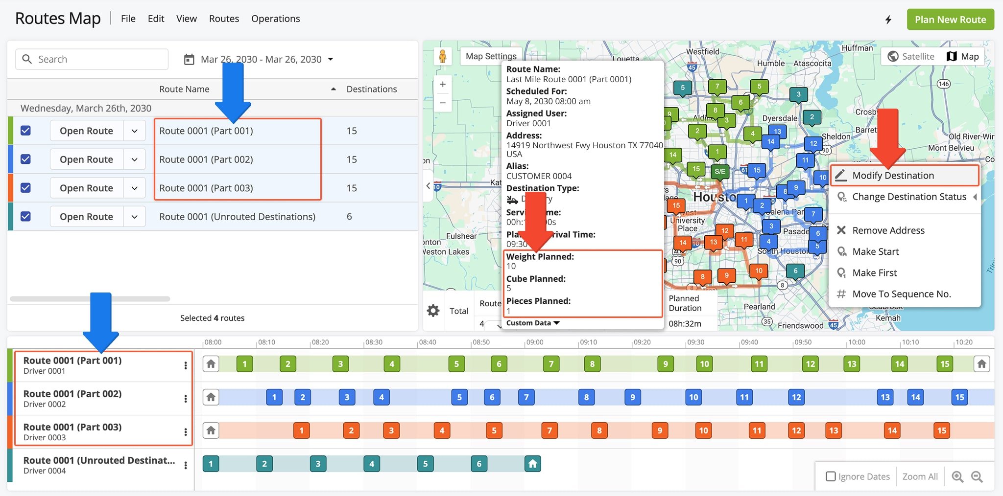 Route4Me generates routes based on your constraints and labels them with Part numbers on the Routes Map.