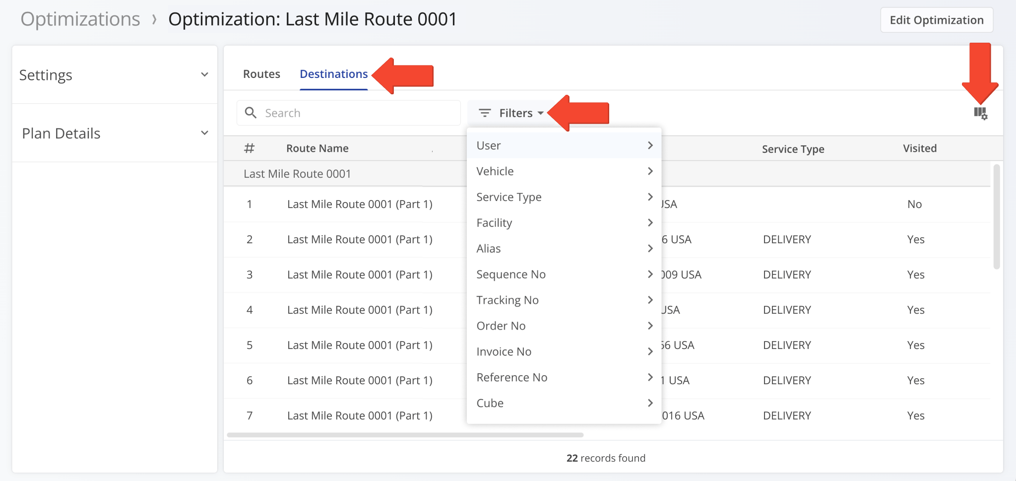 View and search destinations within the Optimization Snapshot by using the Destinations tab, Search feature, or Filters.