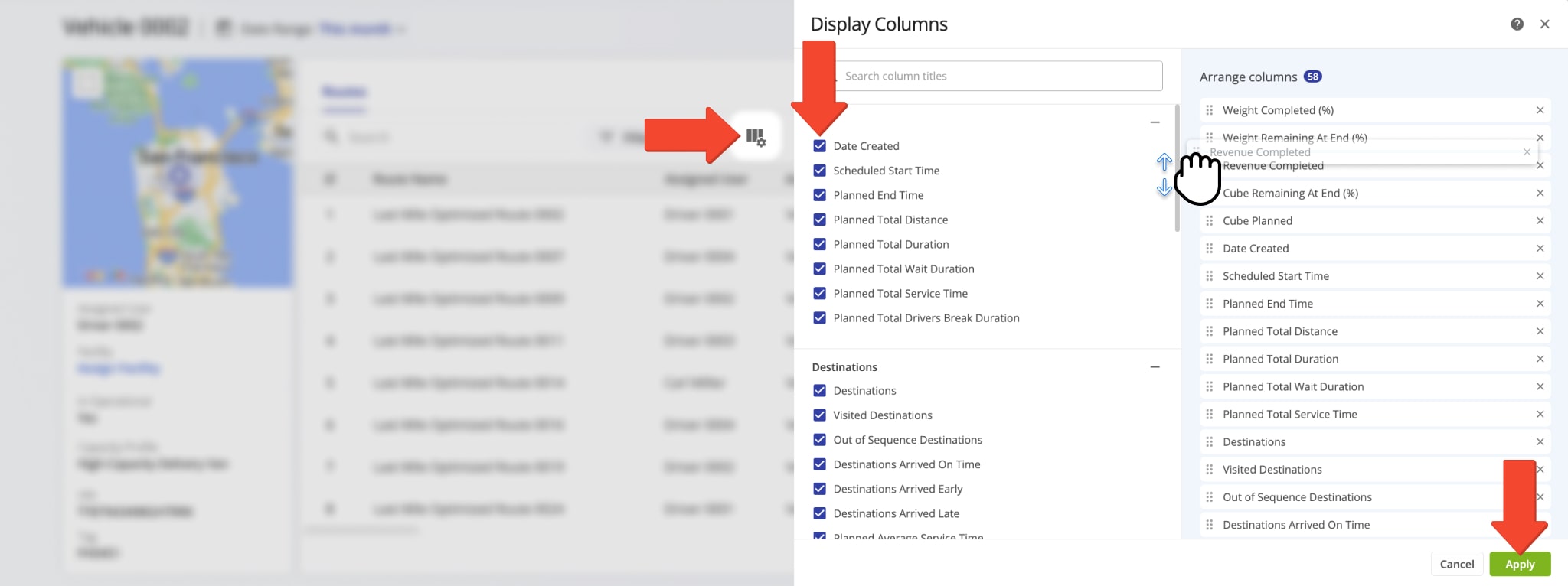 You can also customize the data columns displayed in your Vehicle Snapshot. To do so, click the Display Columns Icon and check the boxes next to the columns you want to enable.
