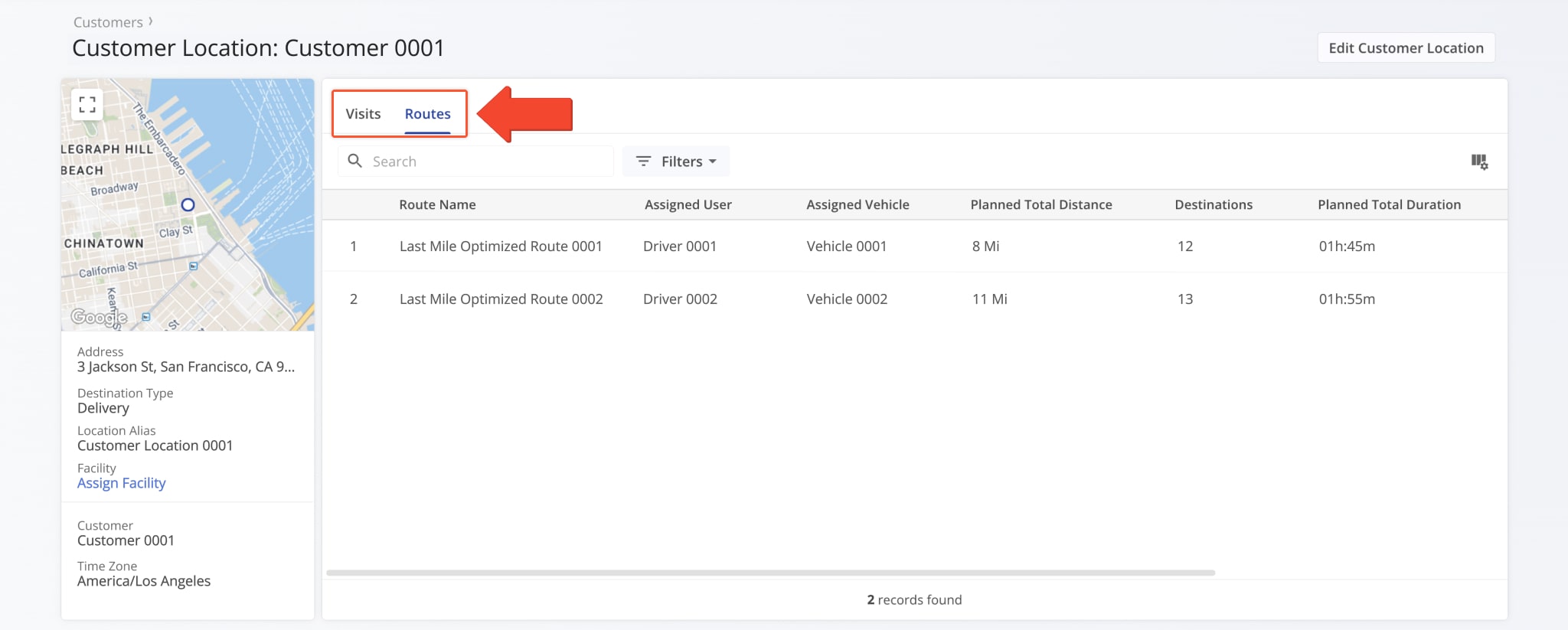 The Snapshot includes two data tabs, Visits and Routes, for viewing key location activity.