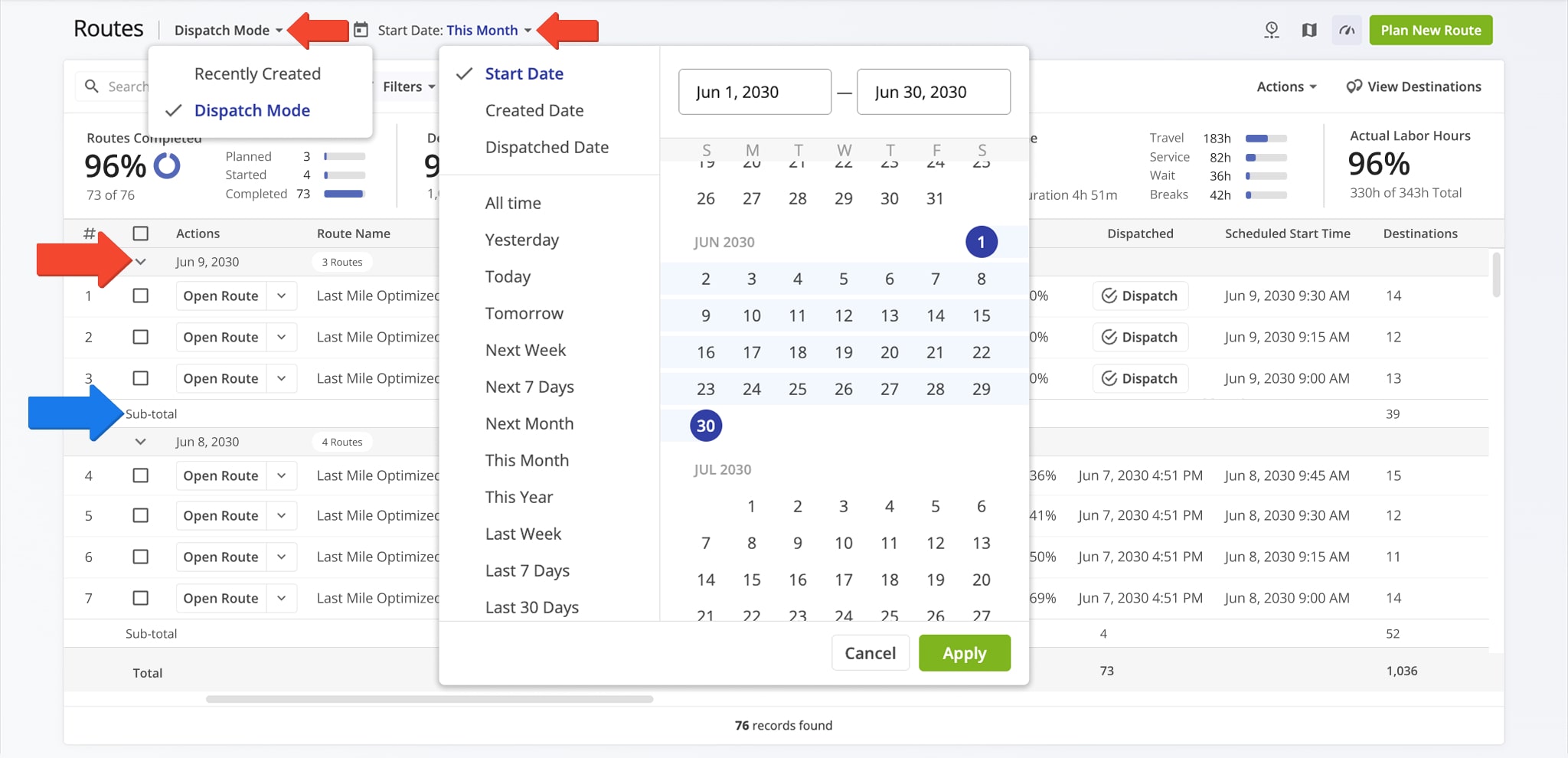 Dispatch View Mode sorts and groups routes by their Scheduled Start Date. Routes with the latest start date are at the top of your Routes List.
