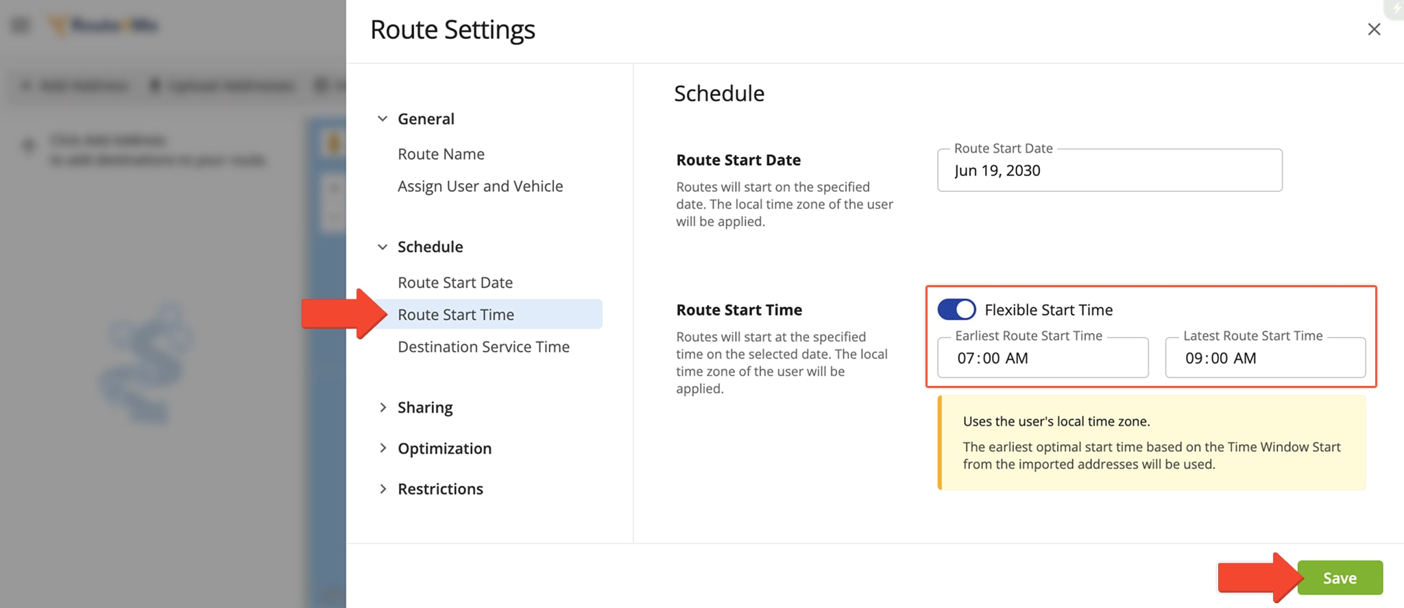 Set up Flexible Start Time to automatically schedule routes for the most optimal start time.