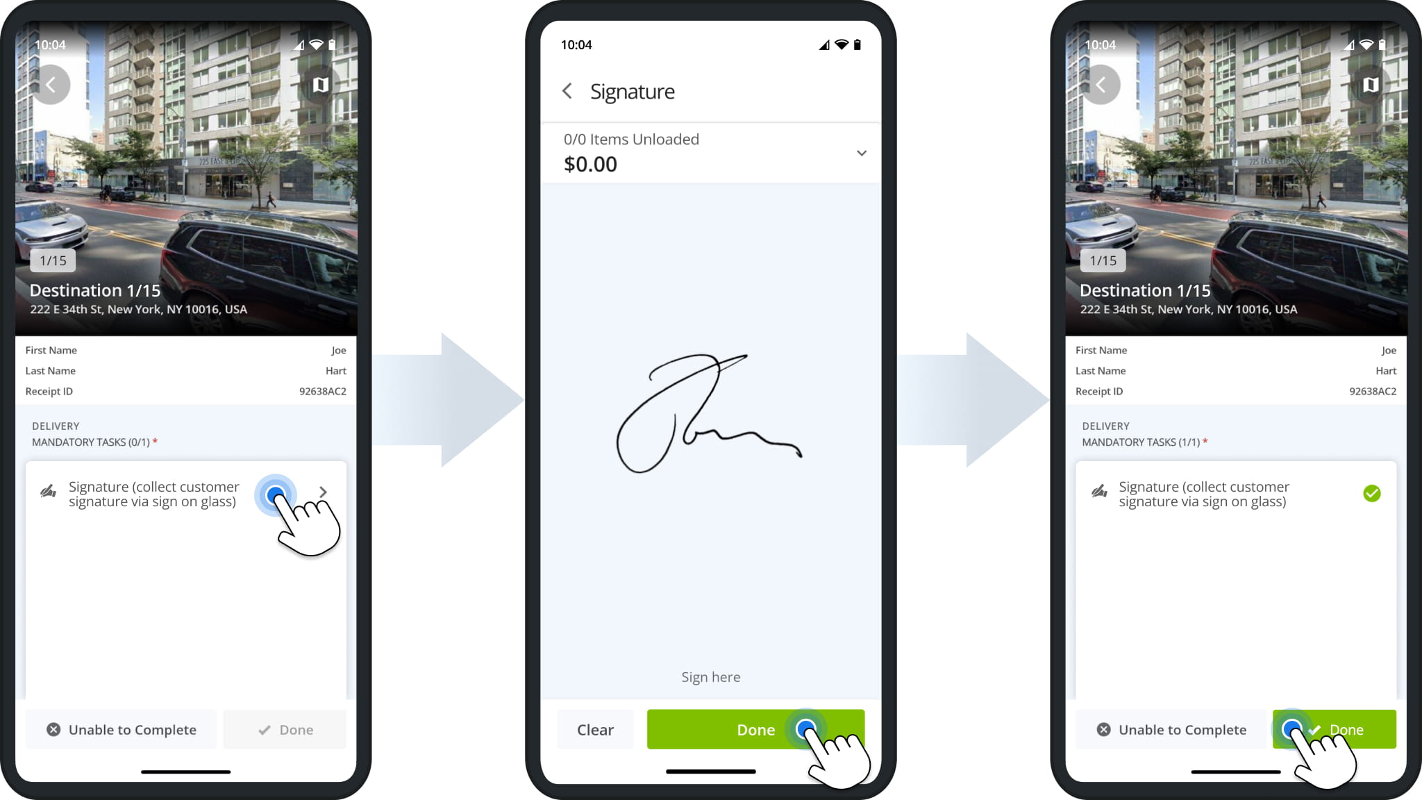 Route4Me driver app Signature task: tapping the task, collecting the customer signature on screen, and tapping Done once the task is complete.