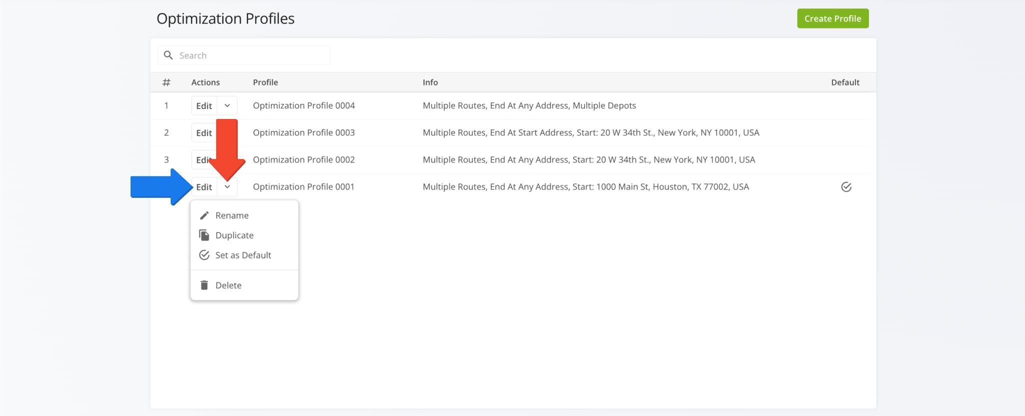 Manage route optimization profiles and edit profile settings.