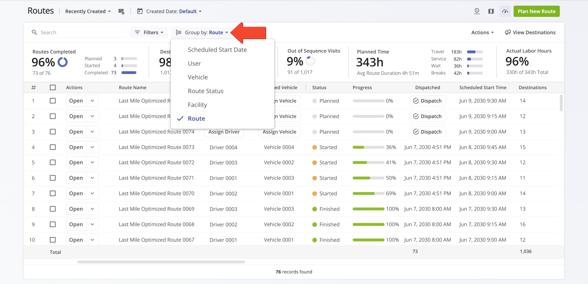 Your filtered Routes List can be refined further by grouping routes according to shared attributes or details. Group routes by driver, vehicle, scheduled start date, and route status.