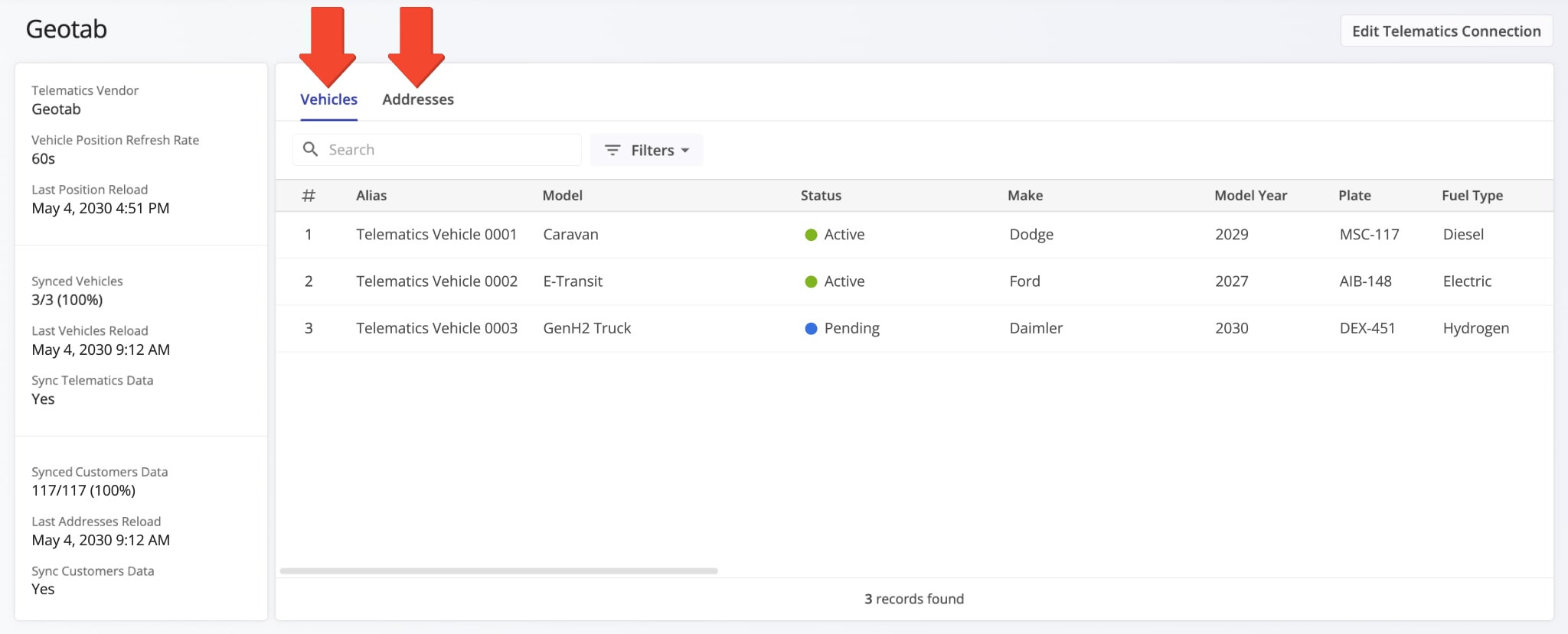 The Telematics Snapshot has different tabs corresponding to the type of associated data. By default, the Vehicles tab is open when you access a Telematics Snapshot.