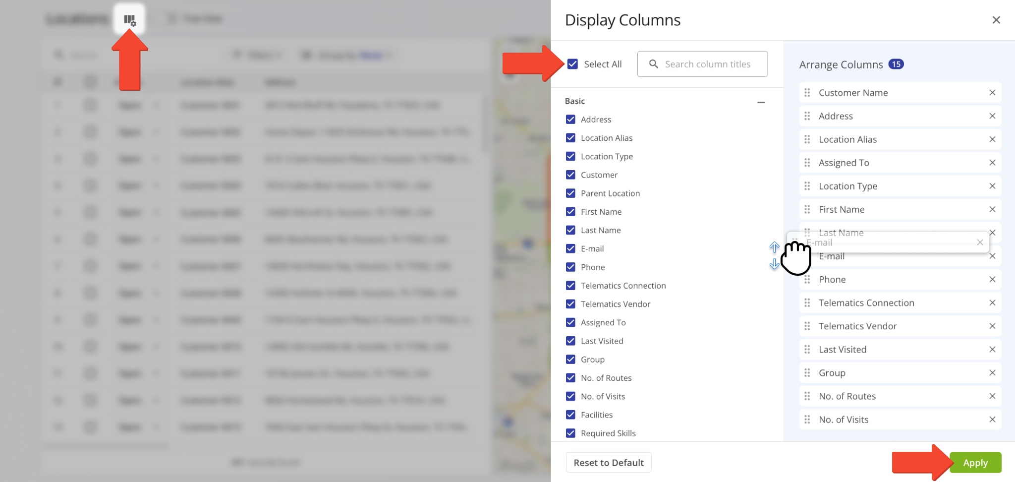 For convenience, you can easily customize which Display Columns appear on your Customer Locations page and in what order.