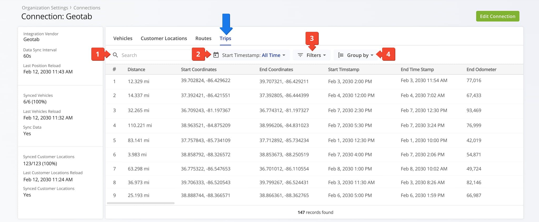 The Trips tab provides an overview of all trips associated with the selected Telematics Connection, displayed in a structured data table.