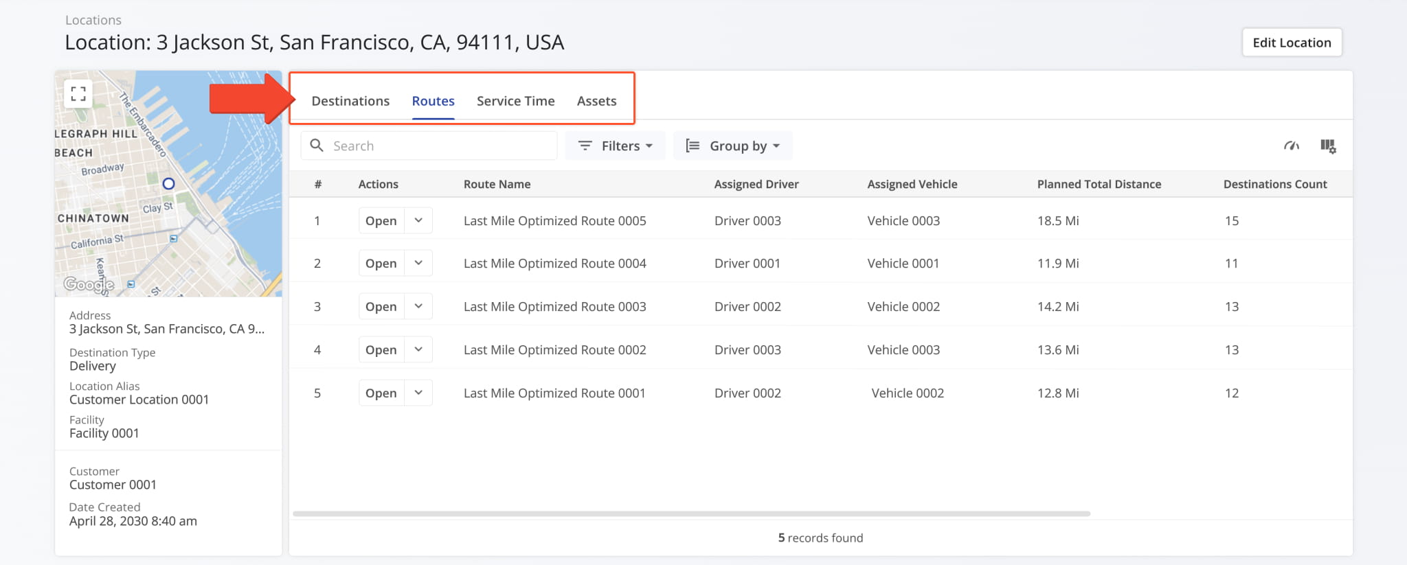The Snapshot includes two data tabs, Visits and Routes, for viewing key location activity.