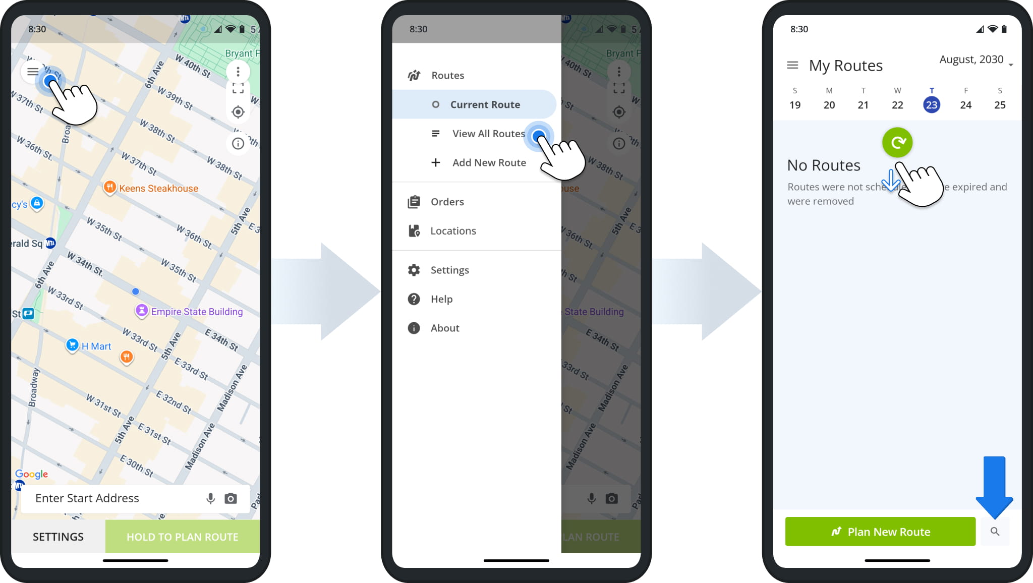 After you set up and sign in to the Route4Me app, tap the Menu Button in the top-right, then tap Routes or View All Routes to open the Routes List.