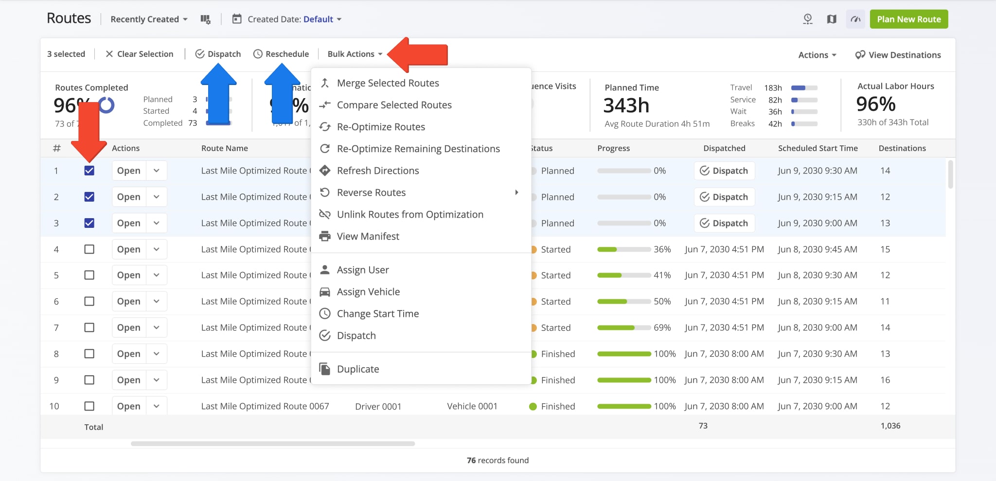 Use bulk actions to manage multiple routes at the same time from the Routes List.
