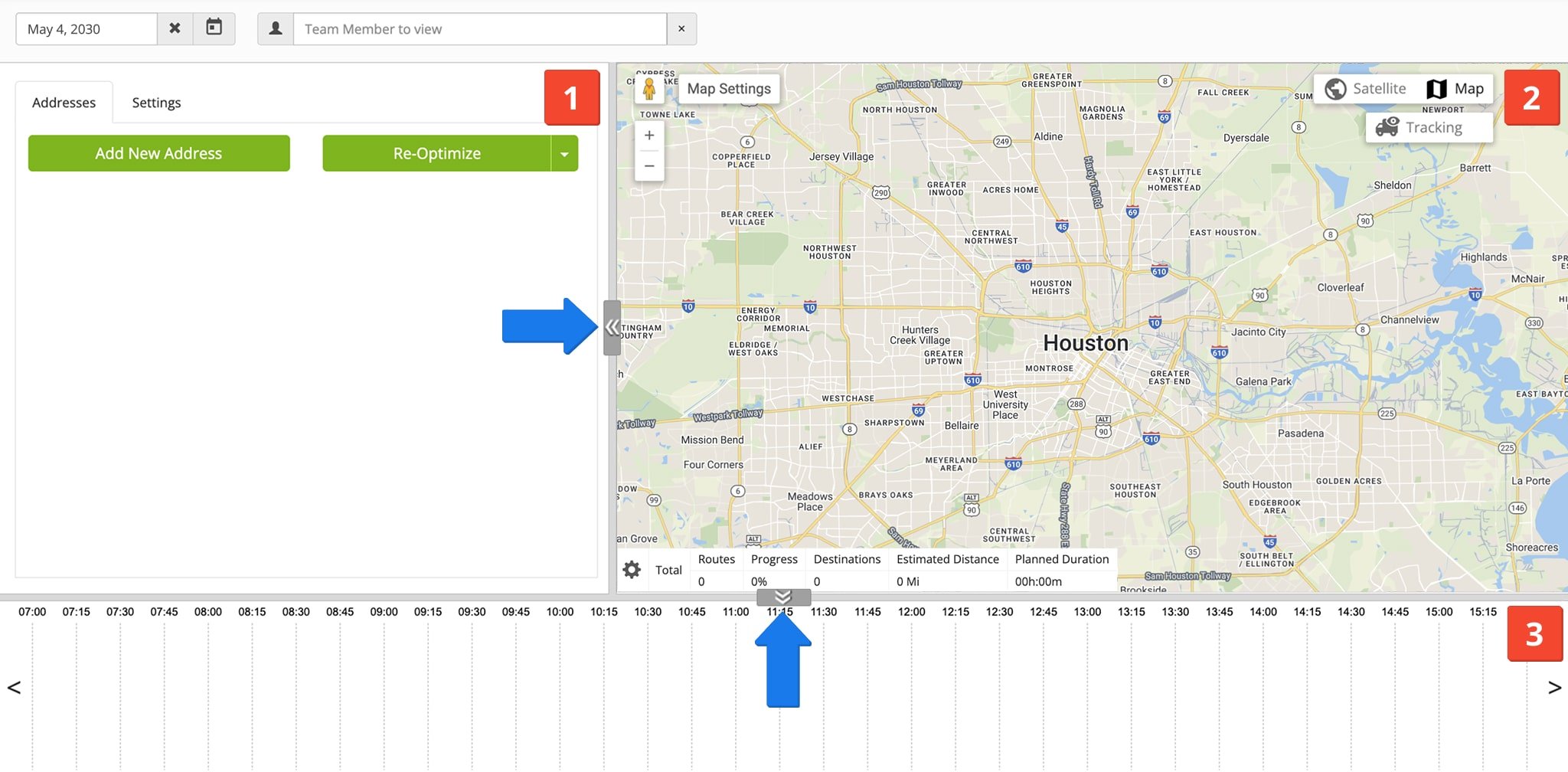 The Hybrid Editor is divided into three main sections - Addresses and Orders, the Interactive Map, and Hybrid Editor Timeline.