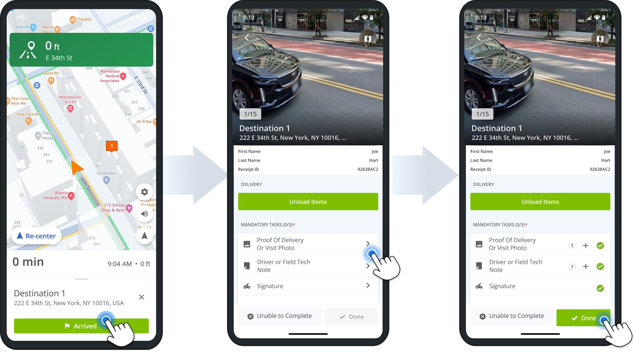 Marking a Destination as Arrived closes navigation and opens the Destination on the app. Confirmed arrival enables the Set Status button. Tap it to start the process of collecting proof of visit or delivery.