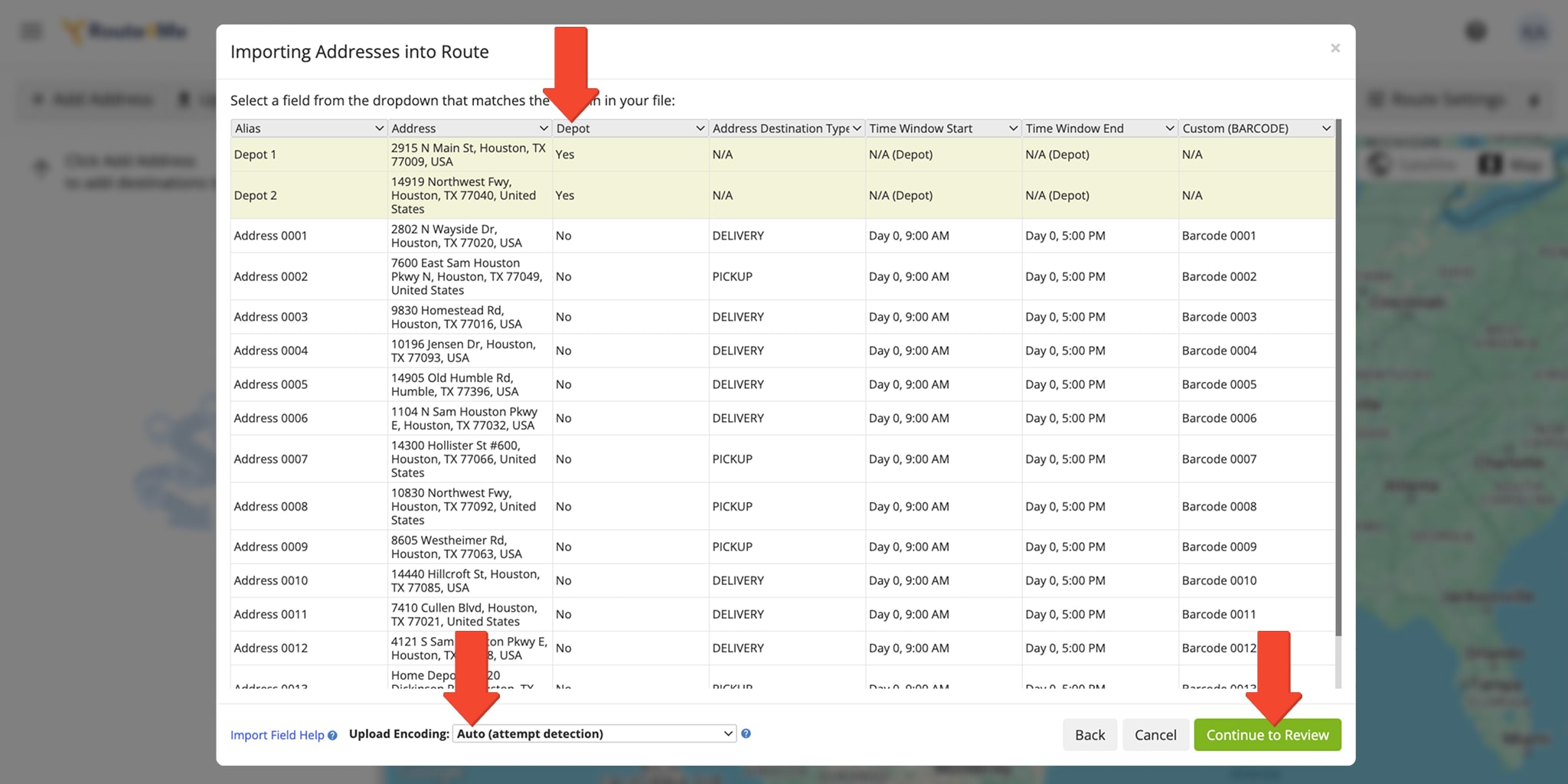 After uploading, review your spreadsheet in Route4Me, mark depots, verify columns, and choose automatic or manual processing before continuing to route optimization.