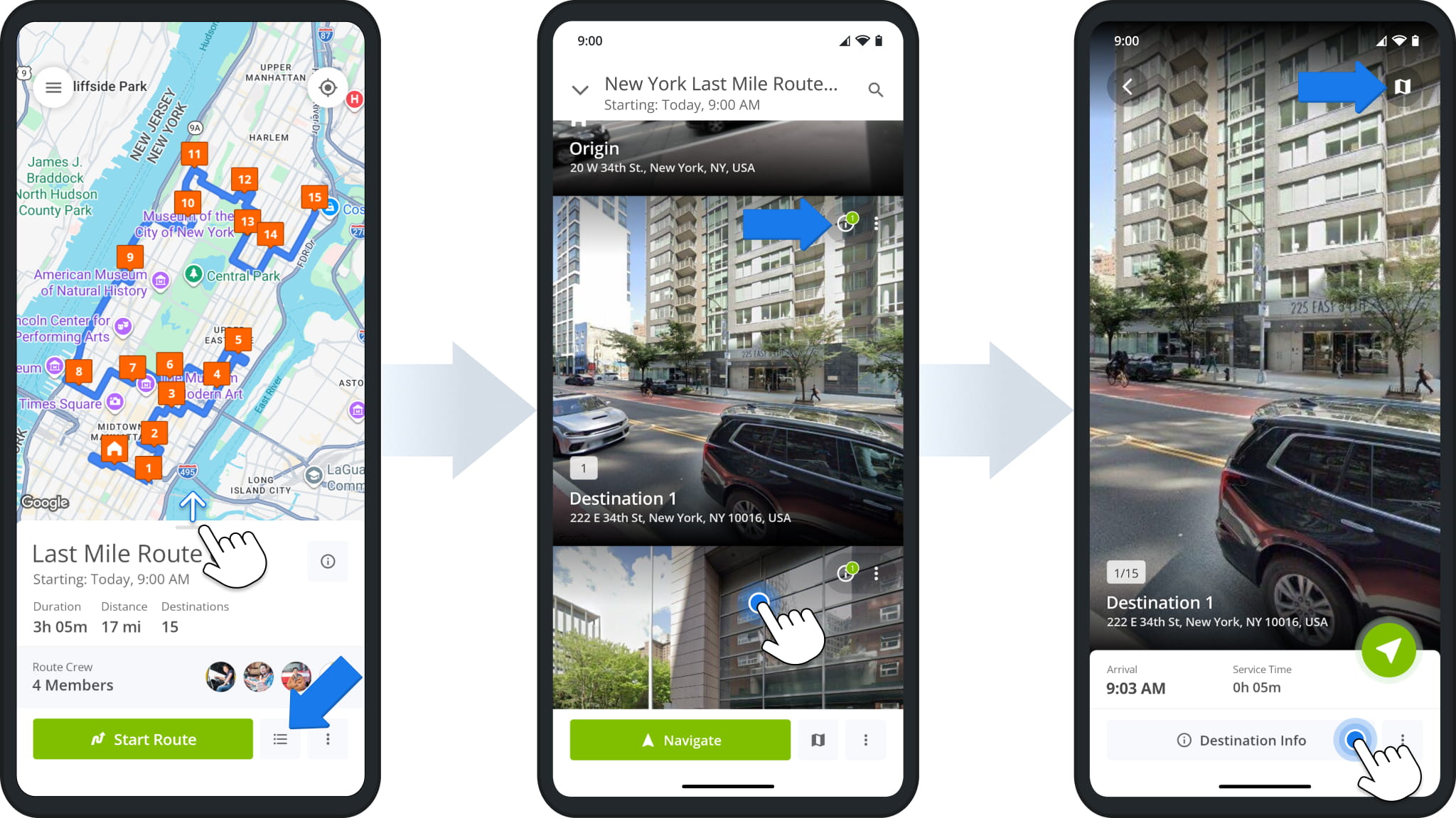 At any point, you can open the Destinations List on the Route4Me mobile driver app by dragging the route information panel up or tapping the list button in the bottom-right.