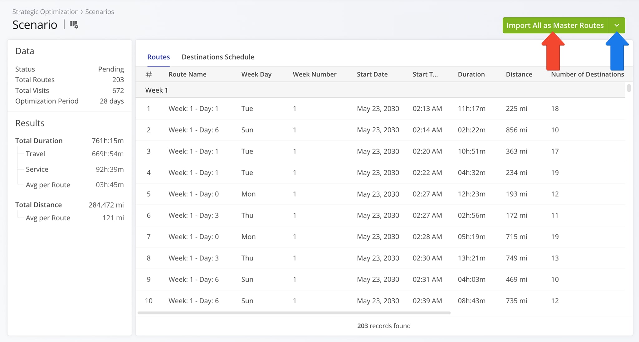 Once you open a scenario, you can see all the routes that are associated with it, including details like start time, planned distance and duration, number of destinations, etc.