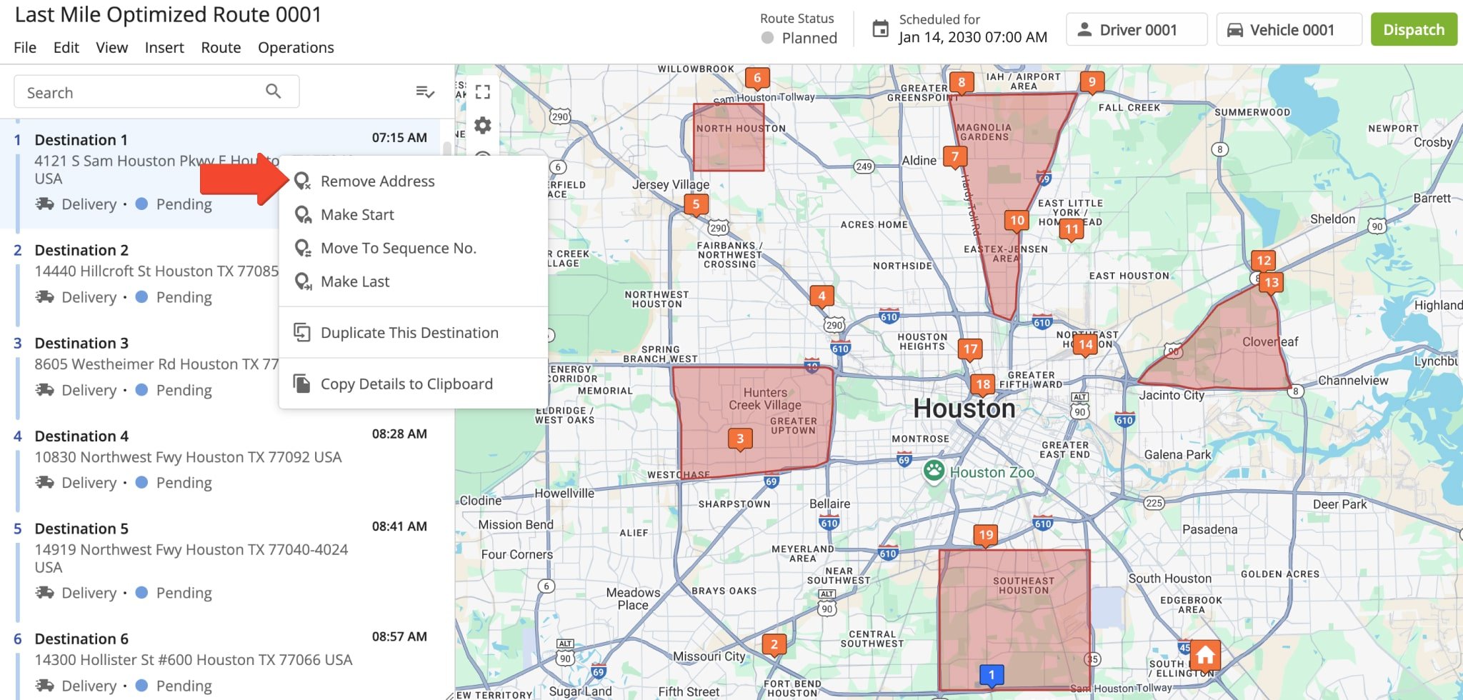 Remove a route destination by selecting it in the Address List or on the map.