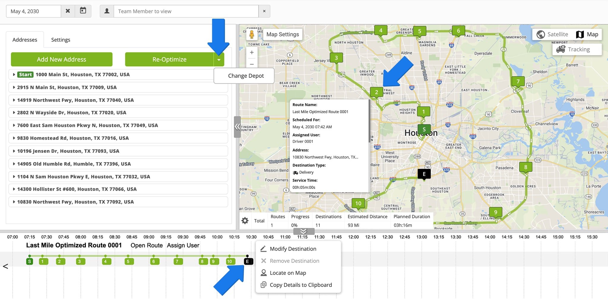 You'll see the route on the Interactive Map and Hybrid Editor Timeline. Hover over any destination on the map or timeline to see its associated details.