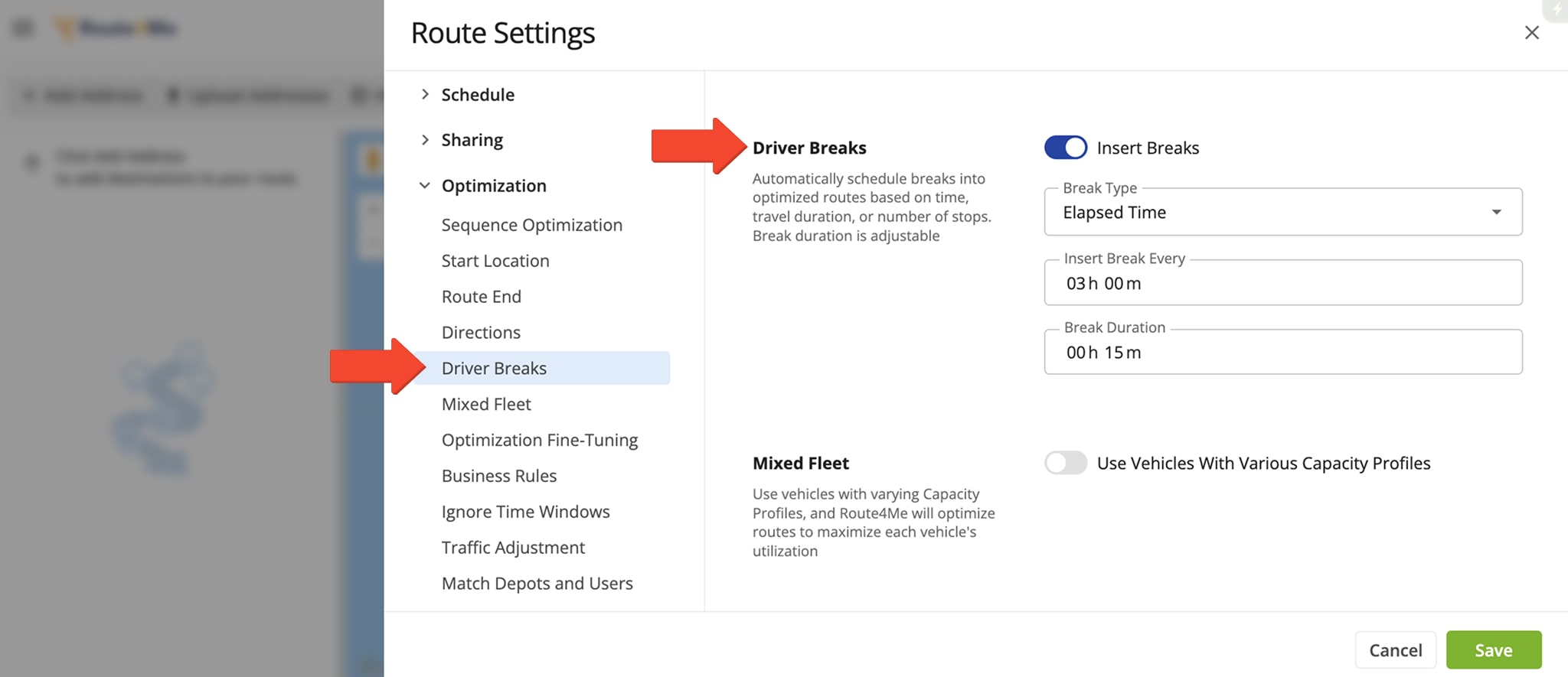 Select the Driver Break insertion and optimization type to add breaks based on either a specific route time or the number of route destinations.