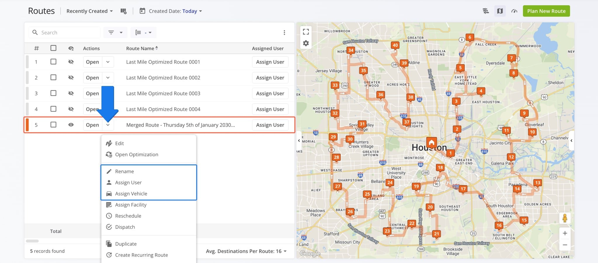 The merged route appears in your Routes List, where you can rename it or assign a different User and Vehicle.