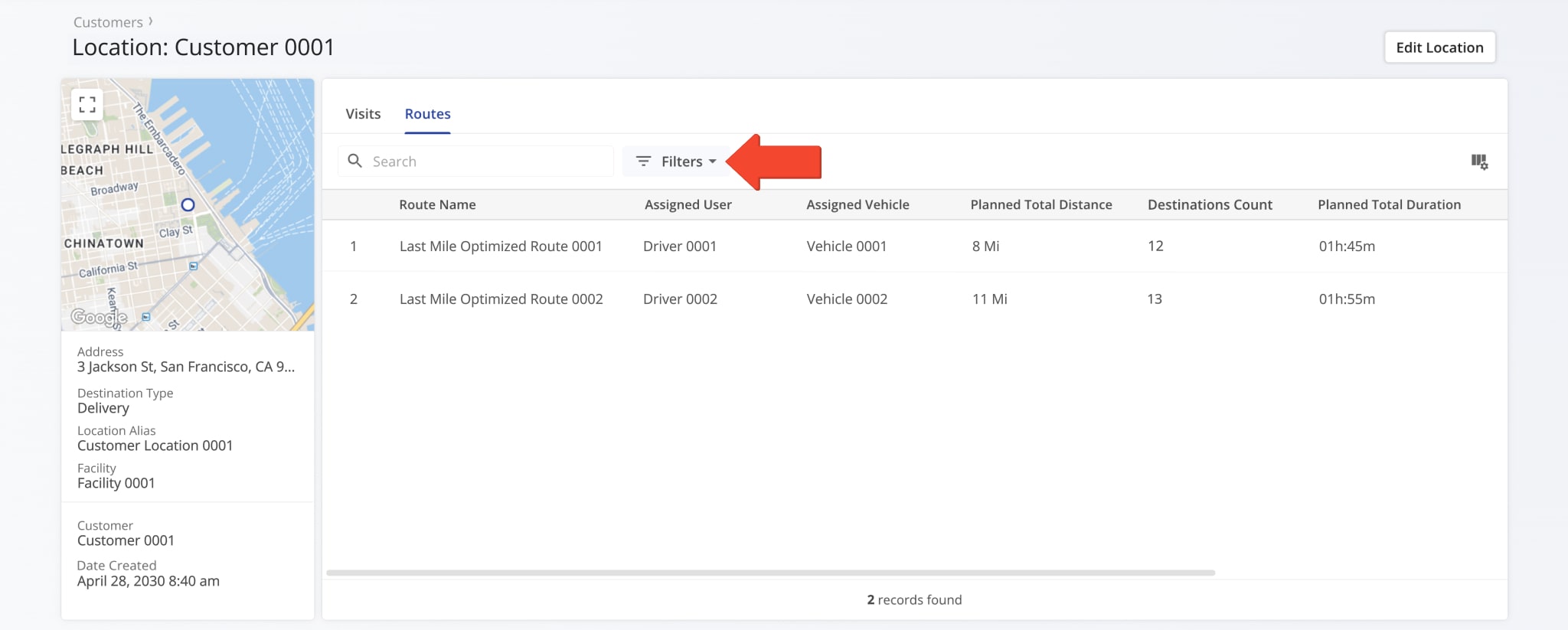 Use filters in the Visits or Routes tab to quickly find the relevant data.
