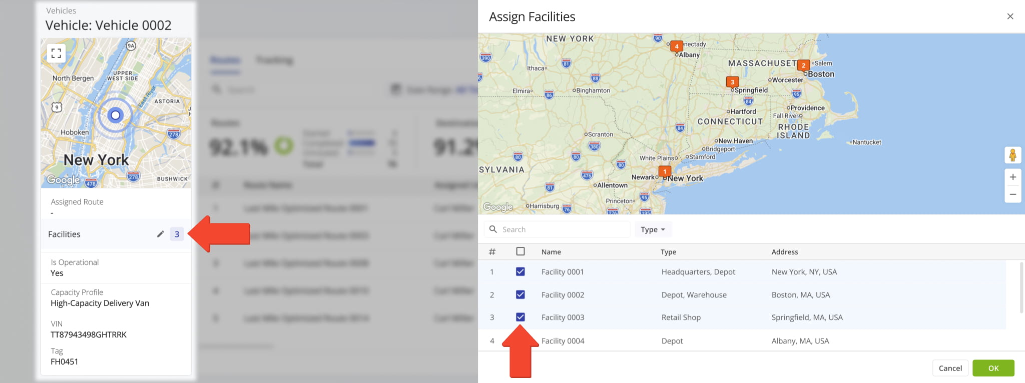 The Assign Facility button in Vehicle Snapshots now opens a new dynamic panel where you can assign multiple facilities to the respective vehicle and see where those facilities are located on the map.