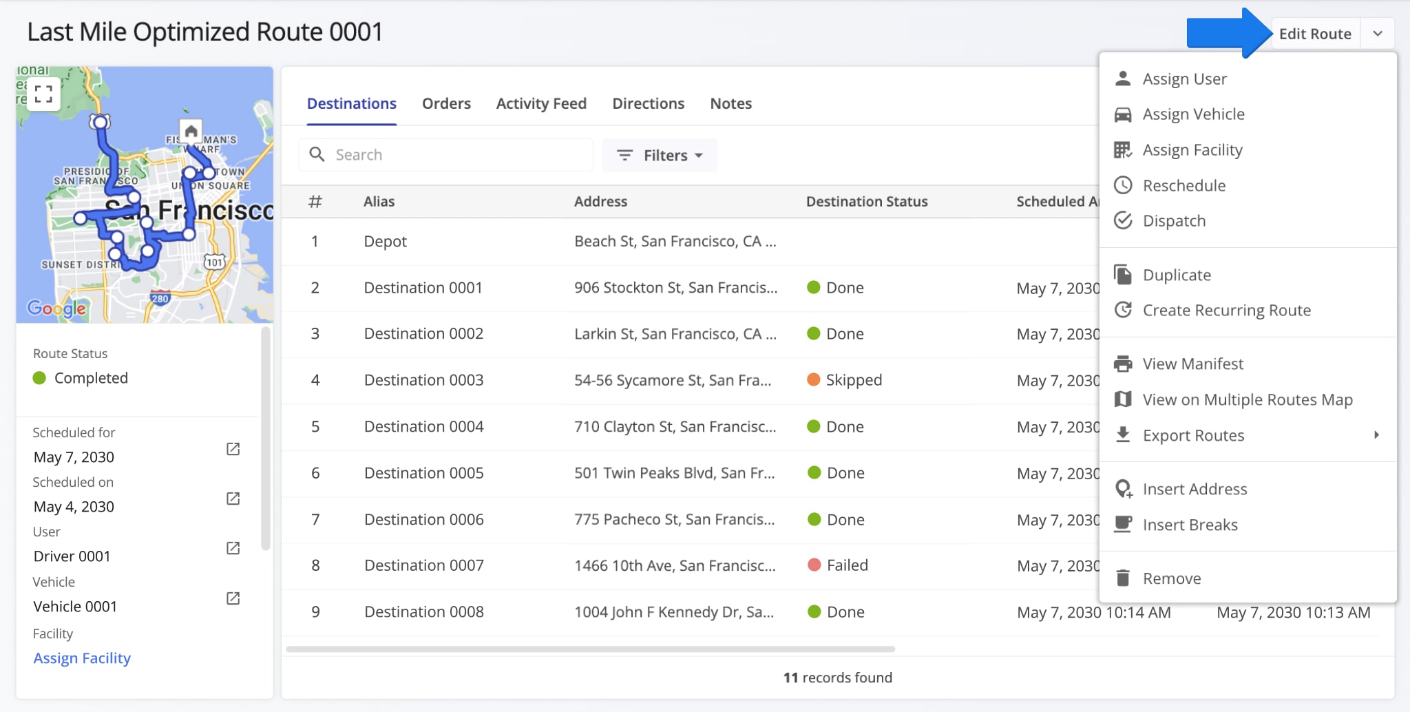 Route Snapshot showing detailed destination data and key routing metrics.