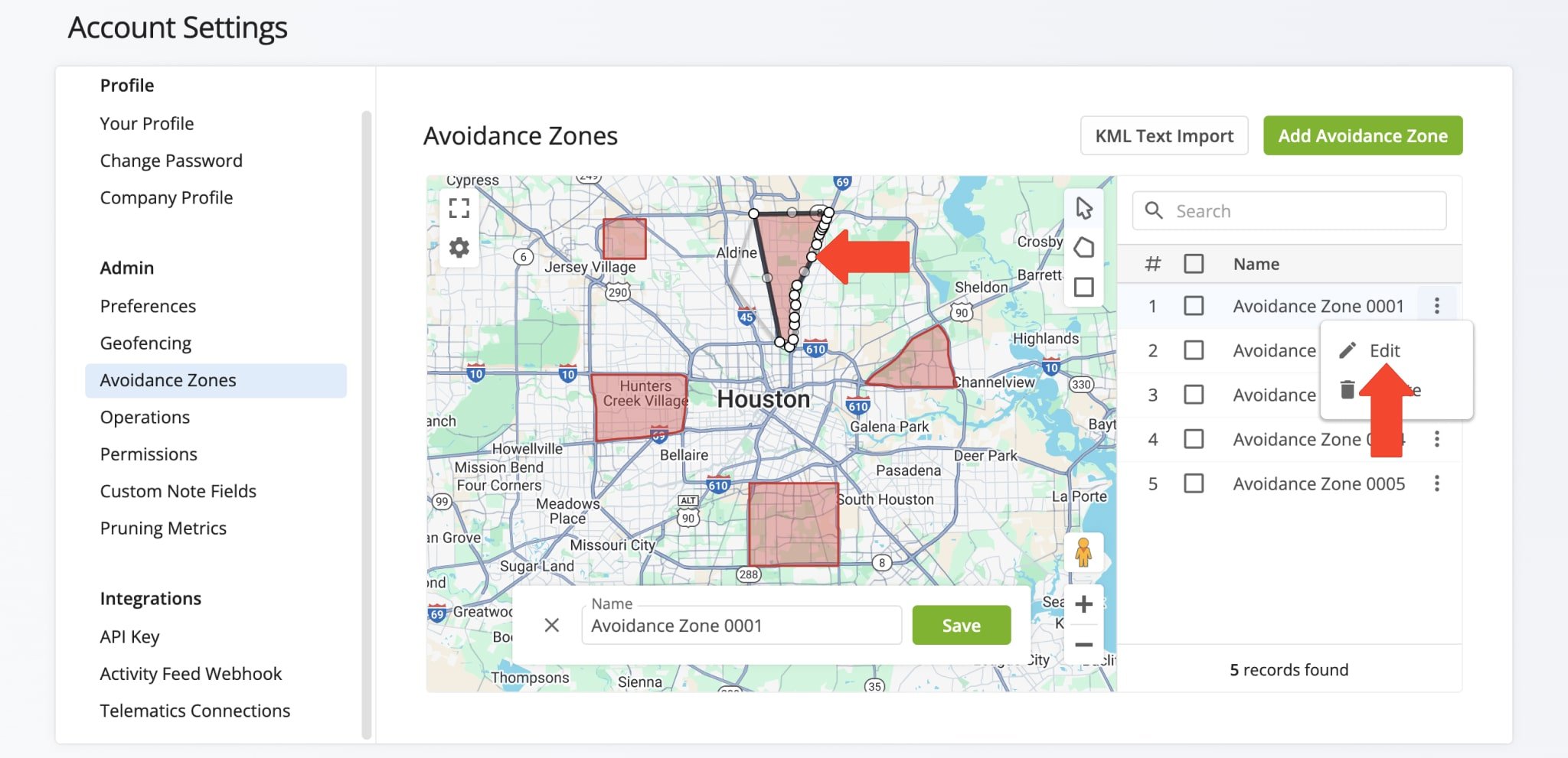 Edit an Avoidance Zone by selecting the Three-Dot Icon, adjusting points on the shape, and saving the changes.