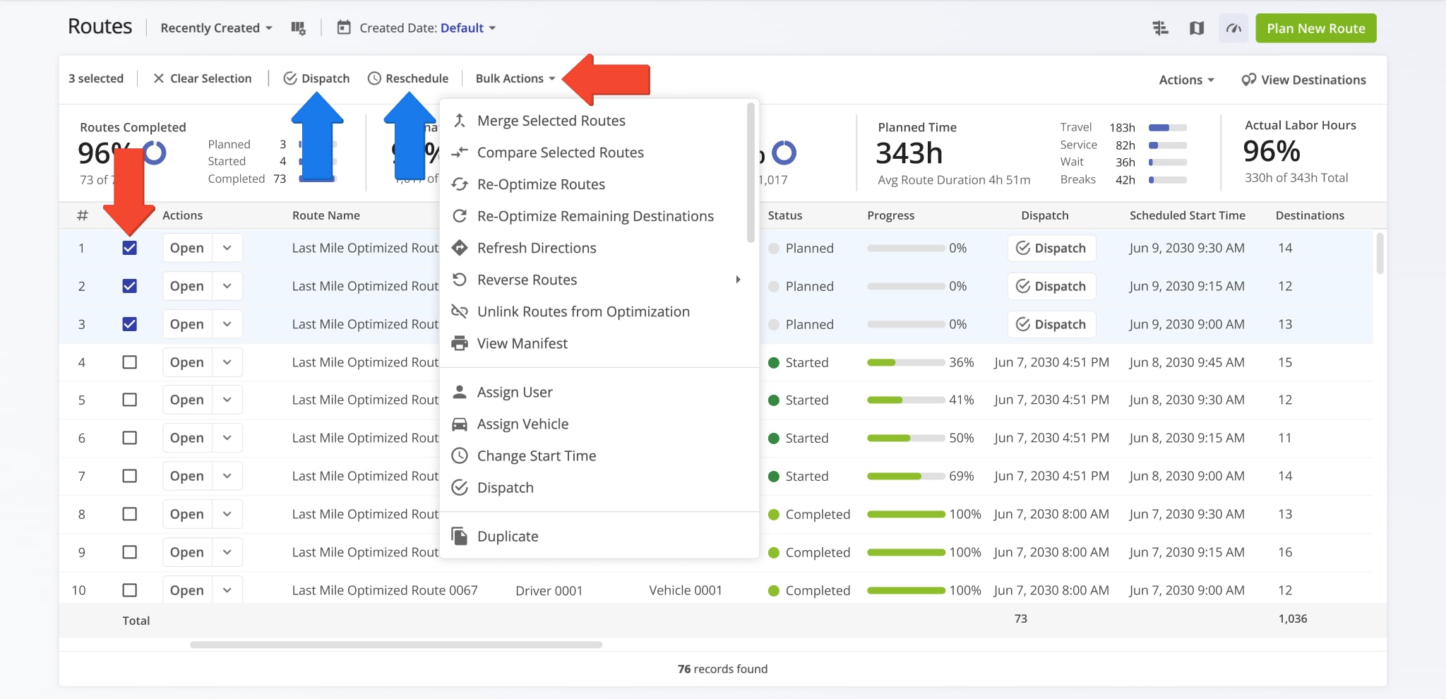 Use bulk actions to manage multiple routes at the same time from the Routes List.