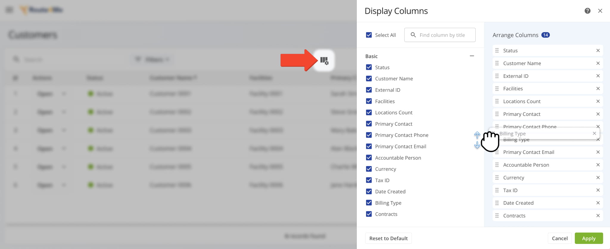 Adjust the order of data columns by clicking the Column Icon or use the Arrow Icon above a column to change the display order of the data.