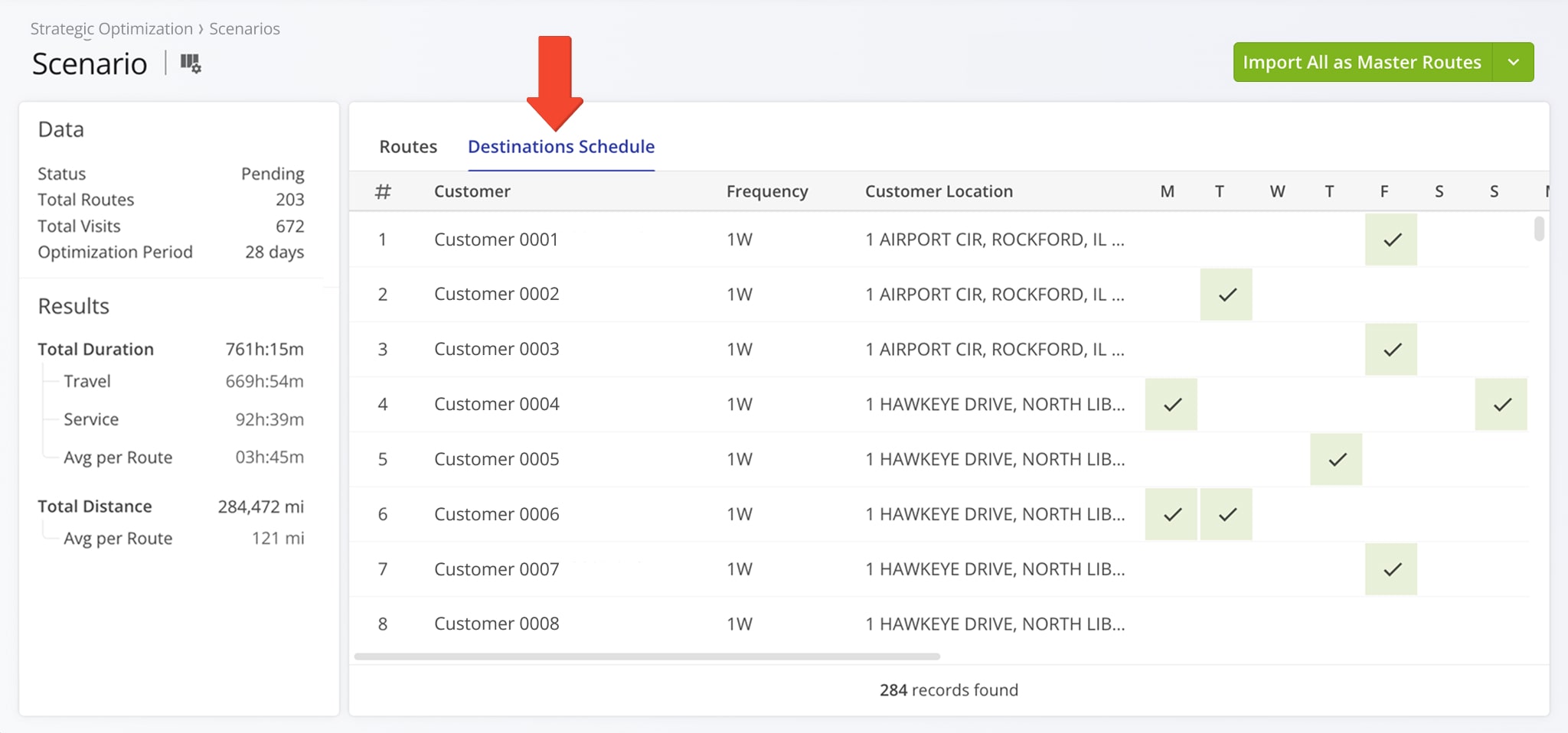 To get a detailed breakdown of the visitation frequency and schedules for all destinations included in a scenario, click the 'Destinations Schedule' tab.