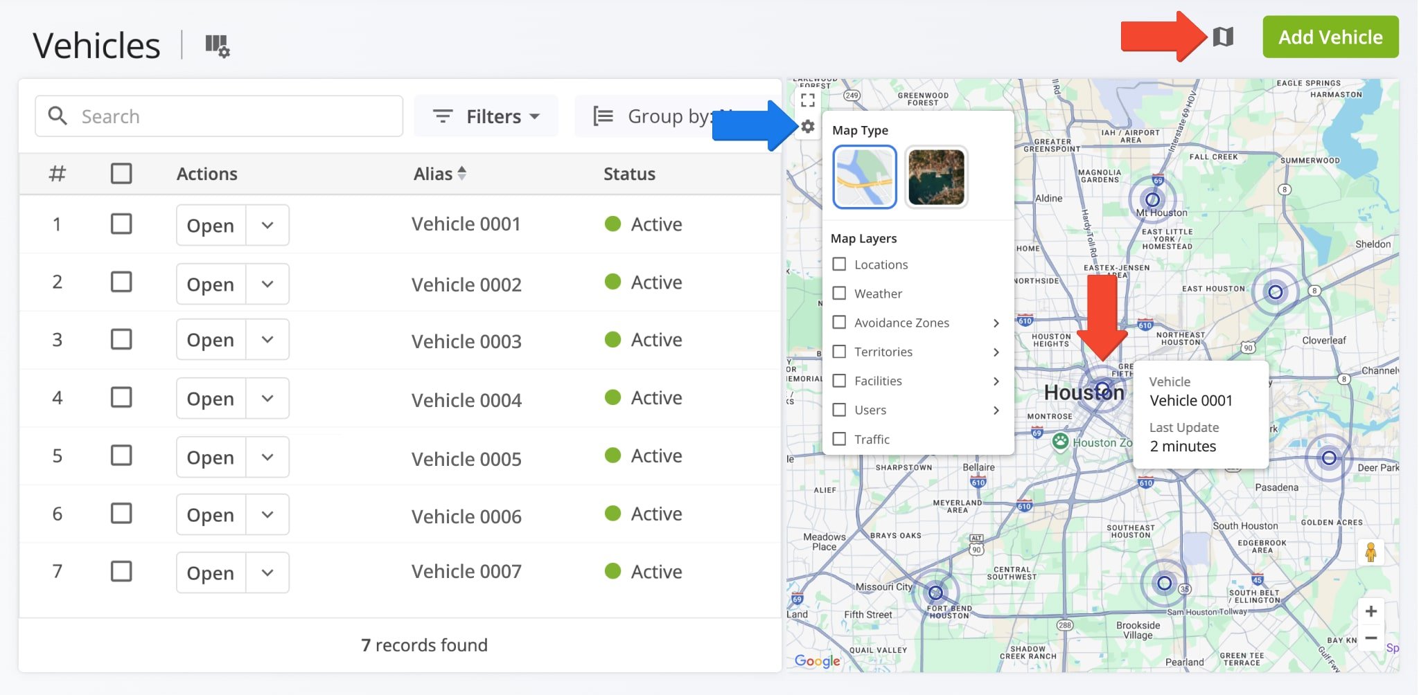 Route4Me enables you see your active vehicles on the map with GPS location updates. To do so, simply click the Vehicles Map button in the top-right.