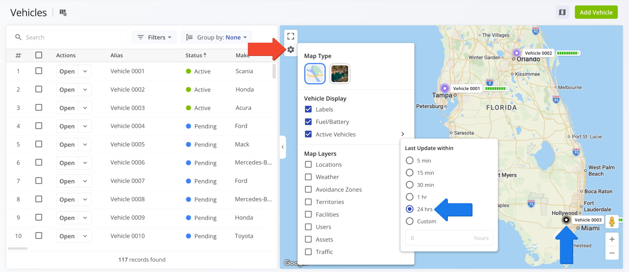 Route4Me enables you to see your active vehicles on the map with GPS location updates. To do so, simply click the Vehicles Map button in the top-right.
