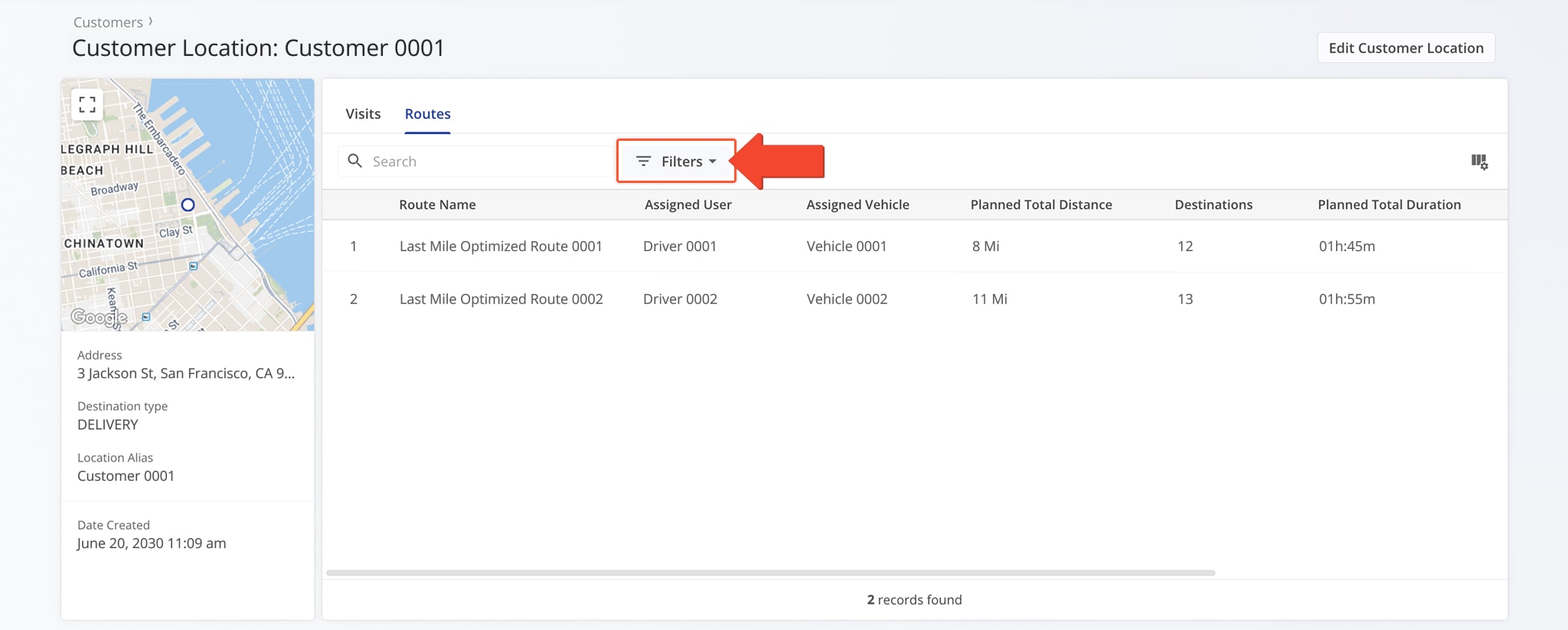 Use filters in the Visits or Routes tab to quickly find the relevant data.