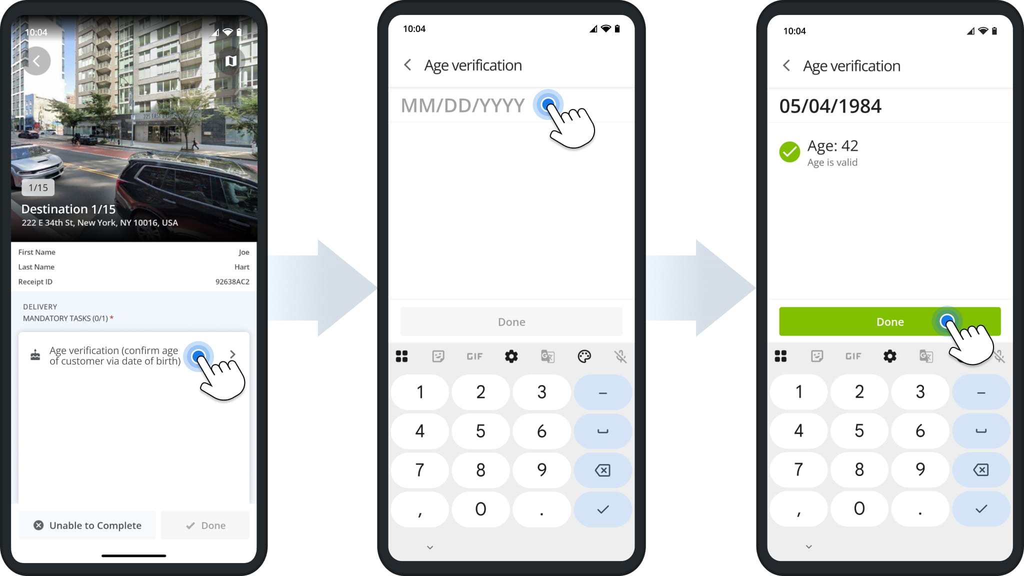 Route4Me driver app Age verification task: tapping the task, entering the date of birth of the customer, and the app confirming that the age is valid.