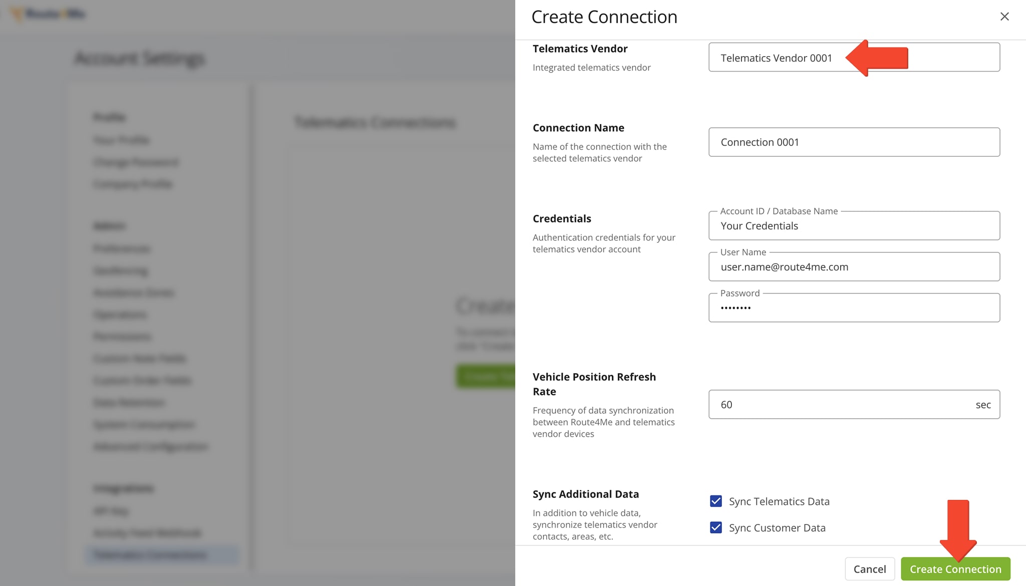 Select your preferred telematics vendor and complete all mandatory fields.