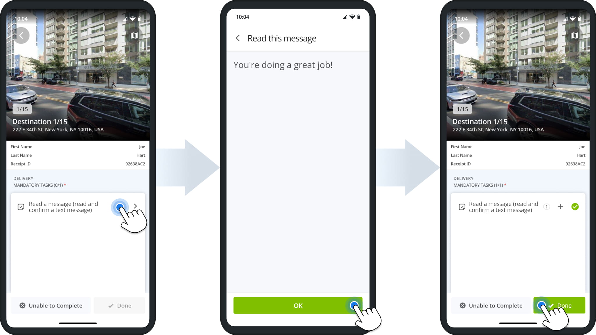 Route4Me driver app Read a message task: tapping the task, reading the message and tapping OK, and tapping Done once the task is complete.