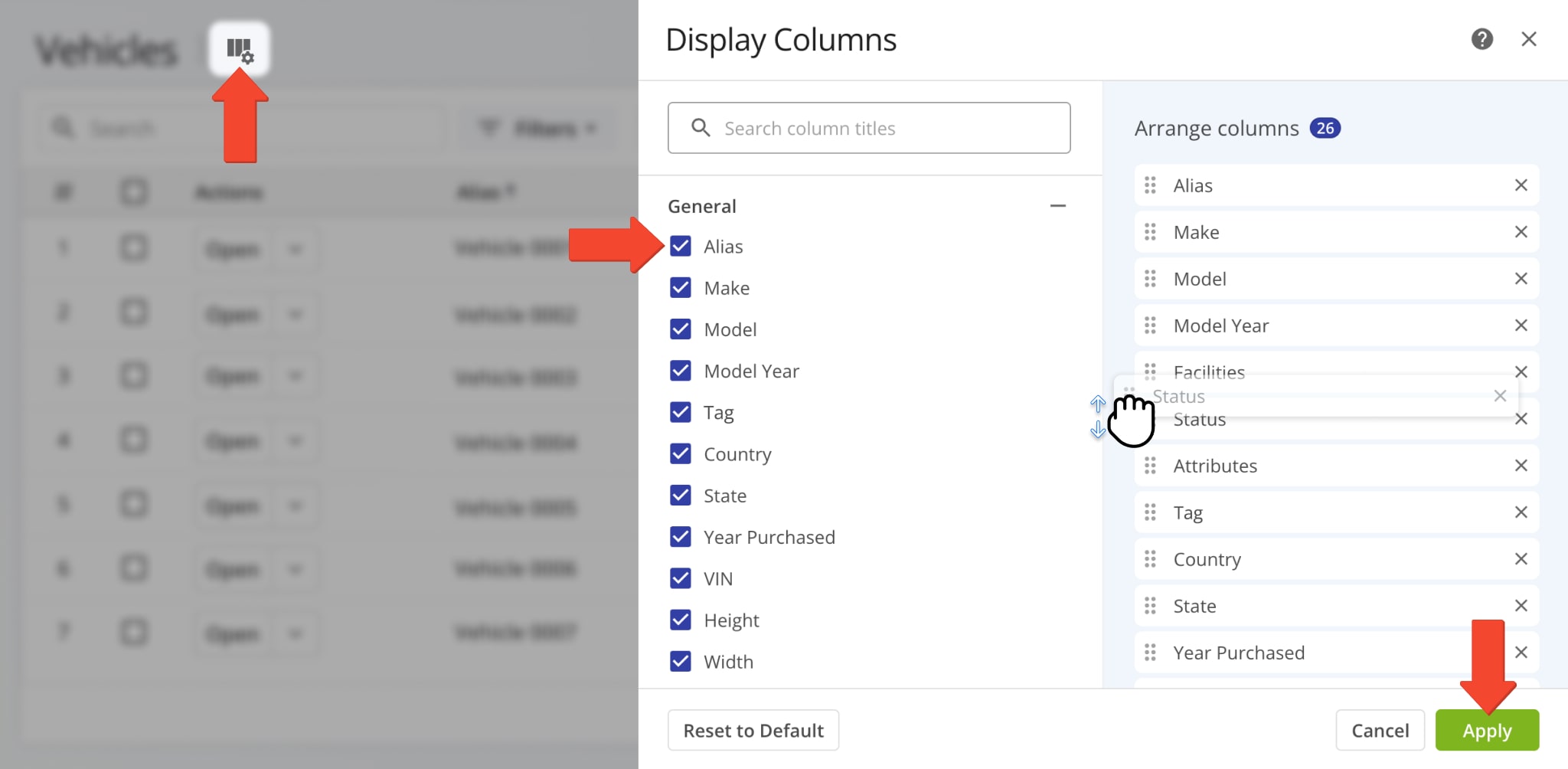 Customize vehicle data display columns on your Route4Me Vehicles Page.