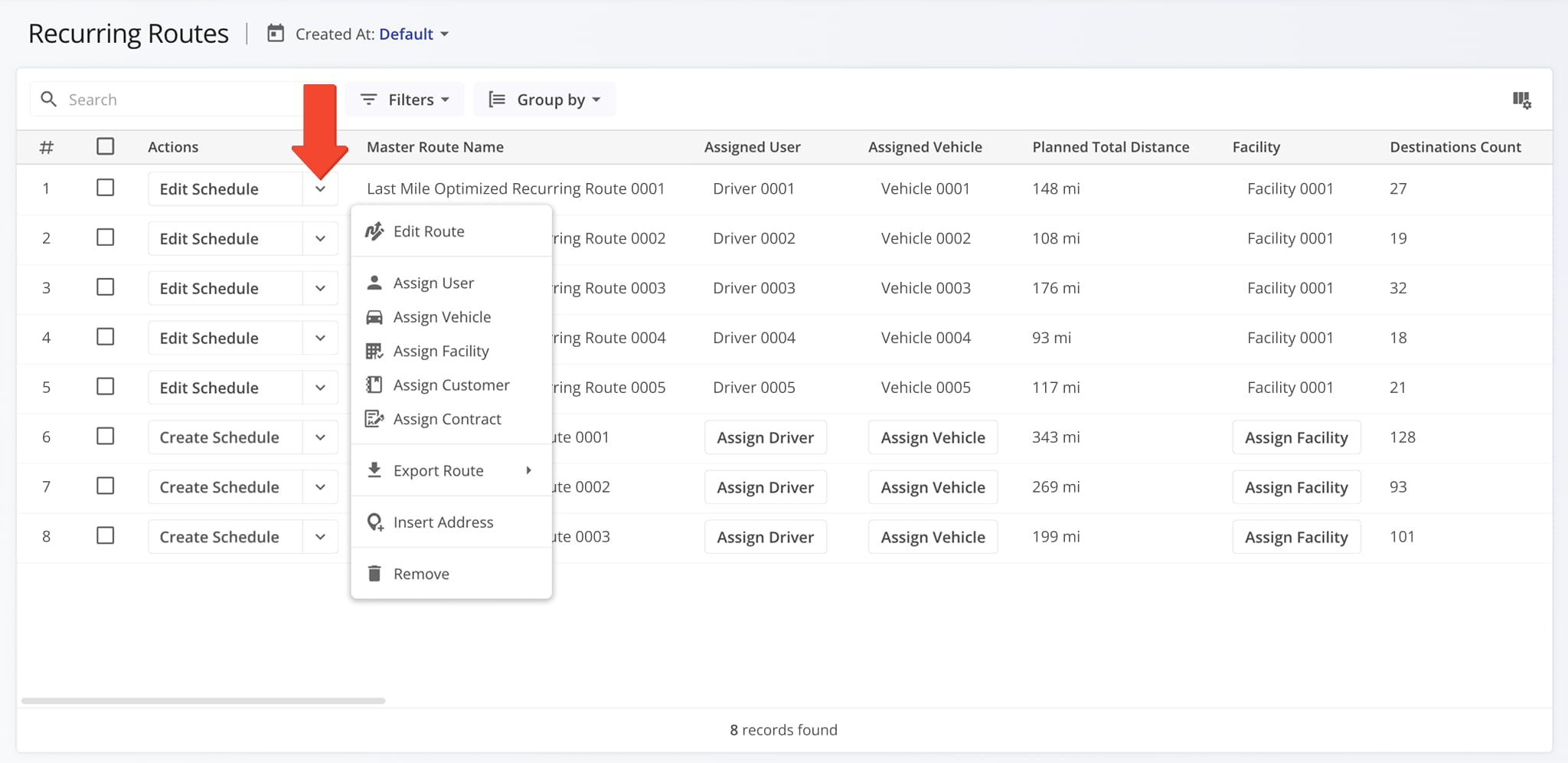 View and manage all Recurring Schedules on the Recurring Routes page.