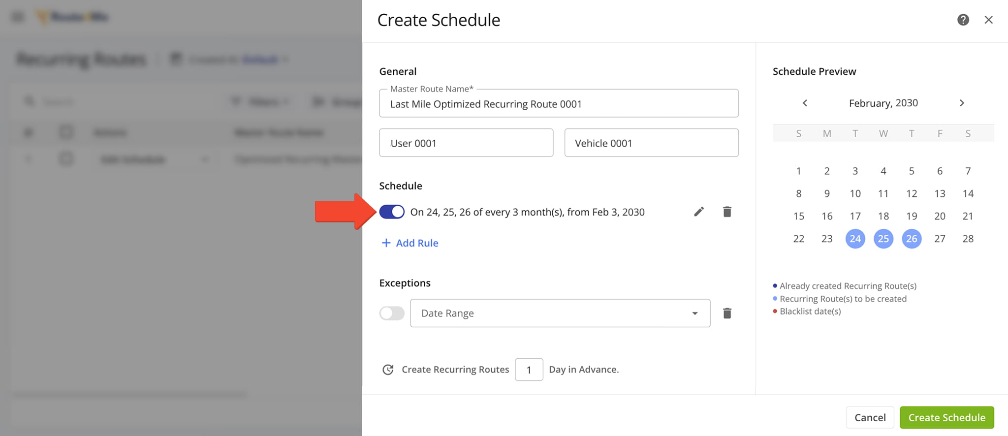When creating Schedule rules, define how often a rule should be repeated.